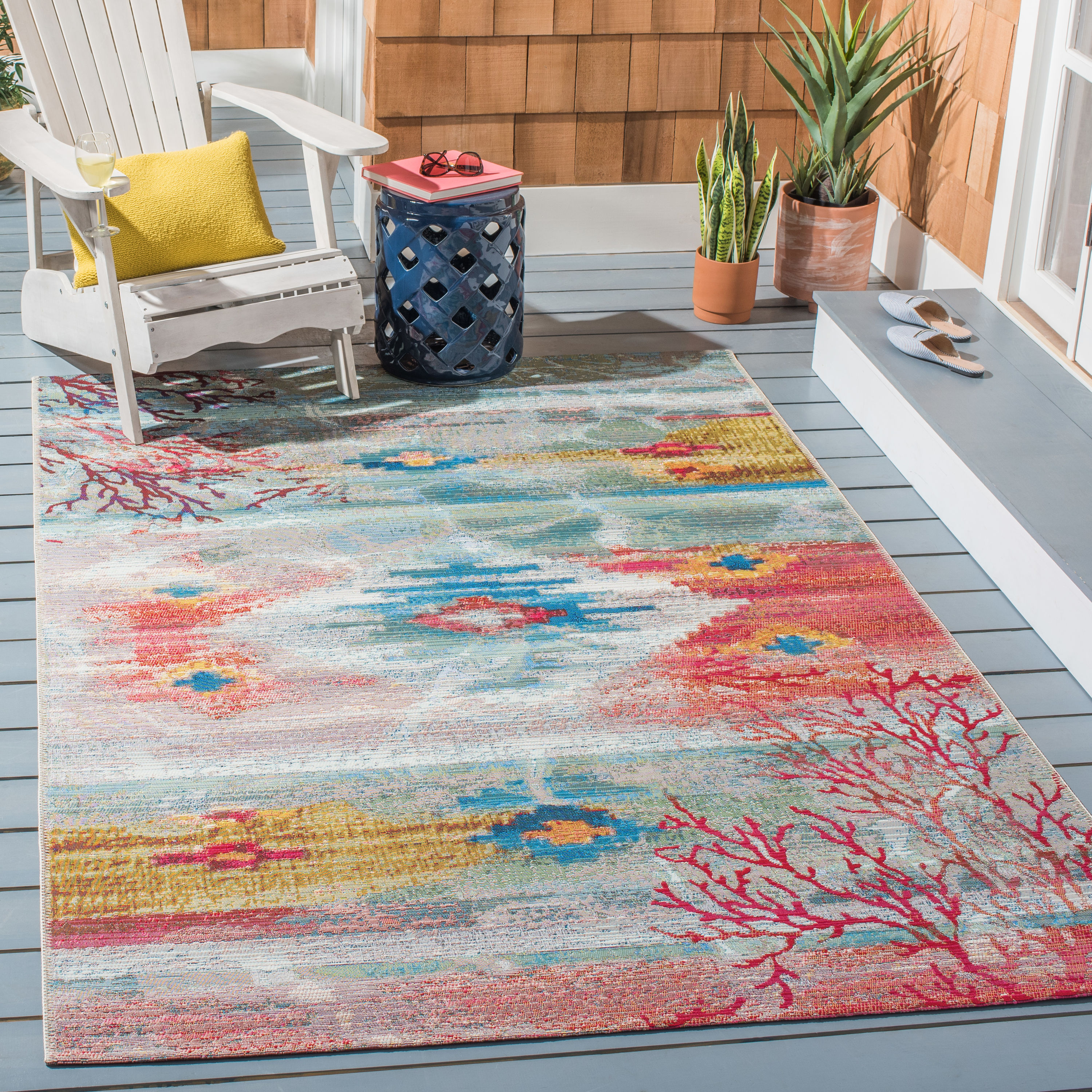 Layla Barbados Light Blue & Pink 8'x10' Synthetic Outdoor Rug