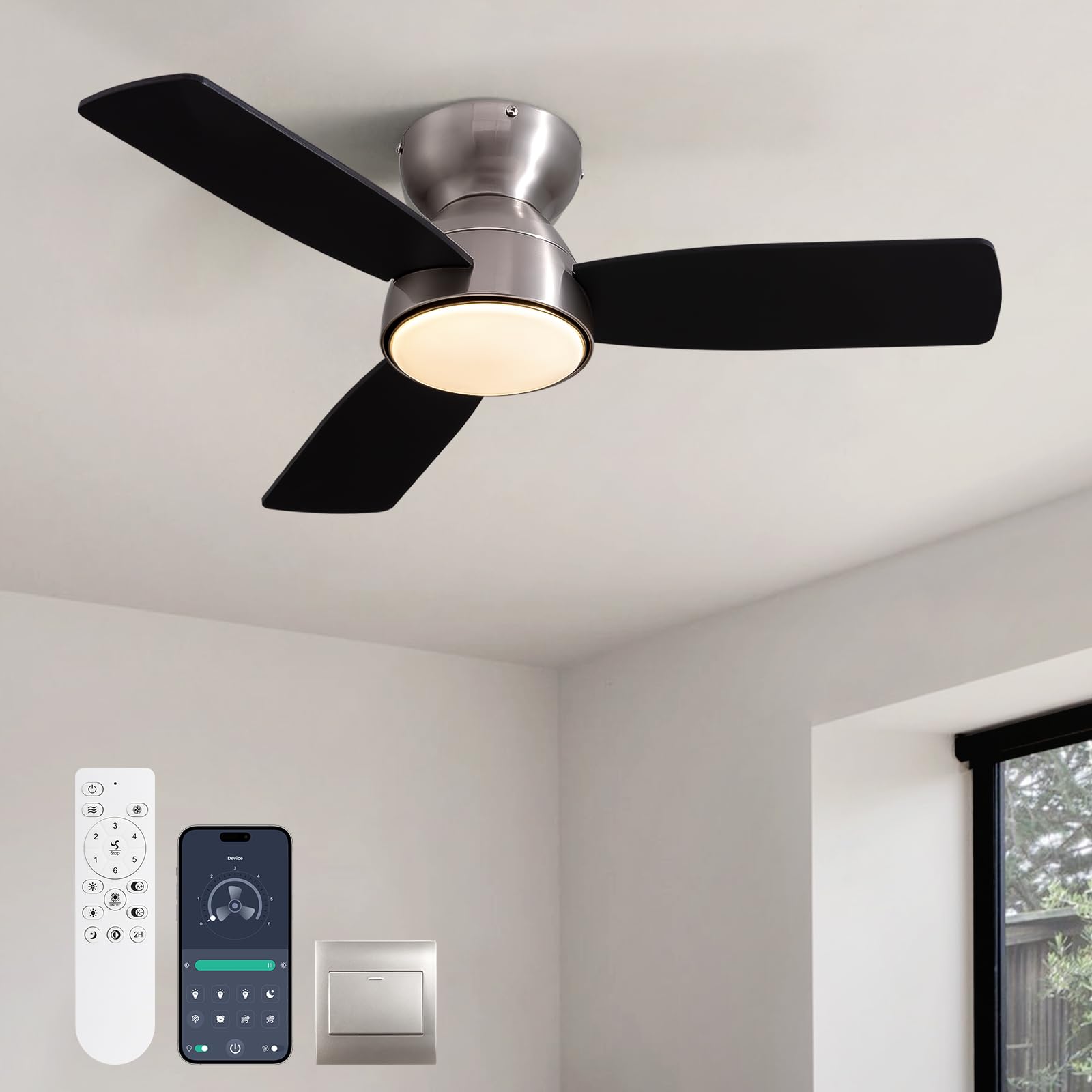 SILJOY CFL-1177-03 Flush mount Ceiling Fan with Light and Remote Control Include