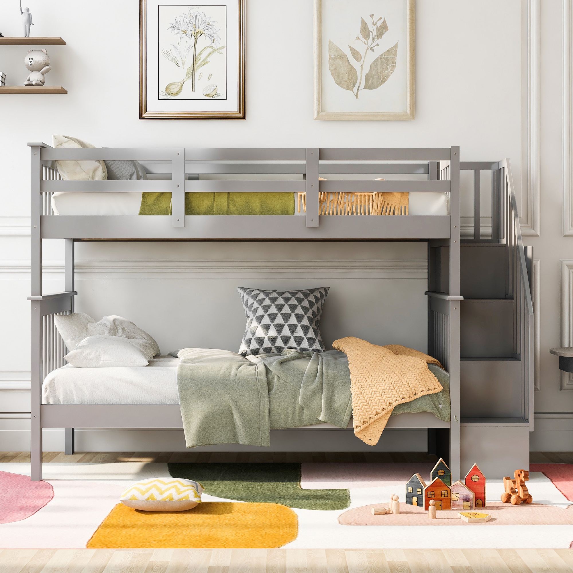 Clihome Twin Over Twin Bunk Bed Gray Twin Over Twin Bunk Bed in the ...