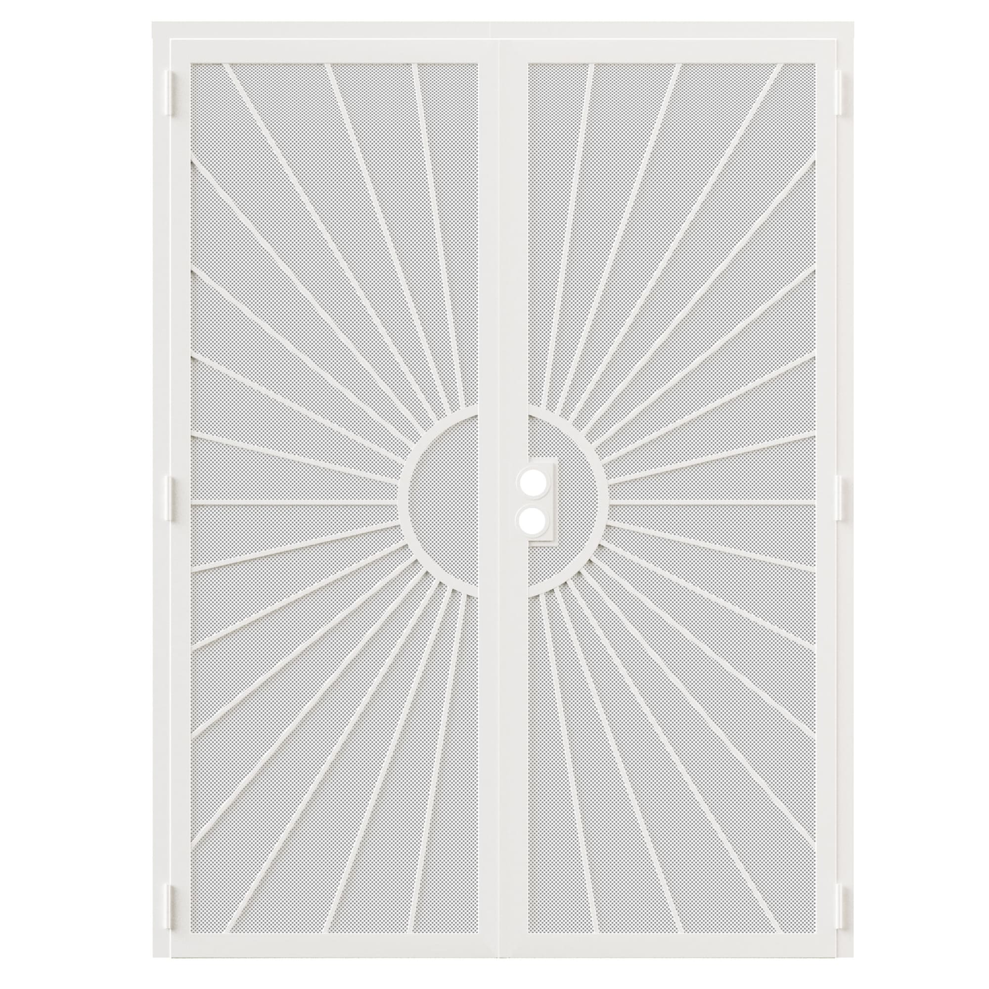 JUJUBON EX-SECDSD-WTTY-64 Security door 64-in x 80-in White Steel Recessed or surface mount Universal/Reversible Prehung Double Security Door with White Screen and No bore