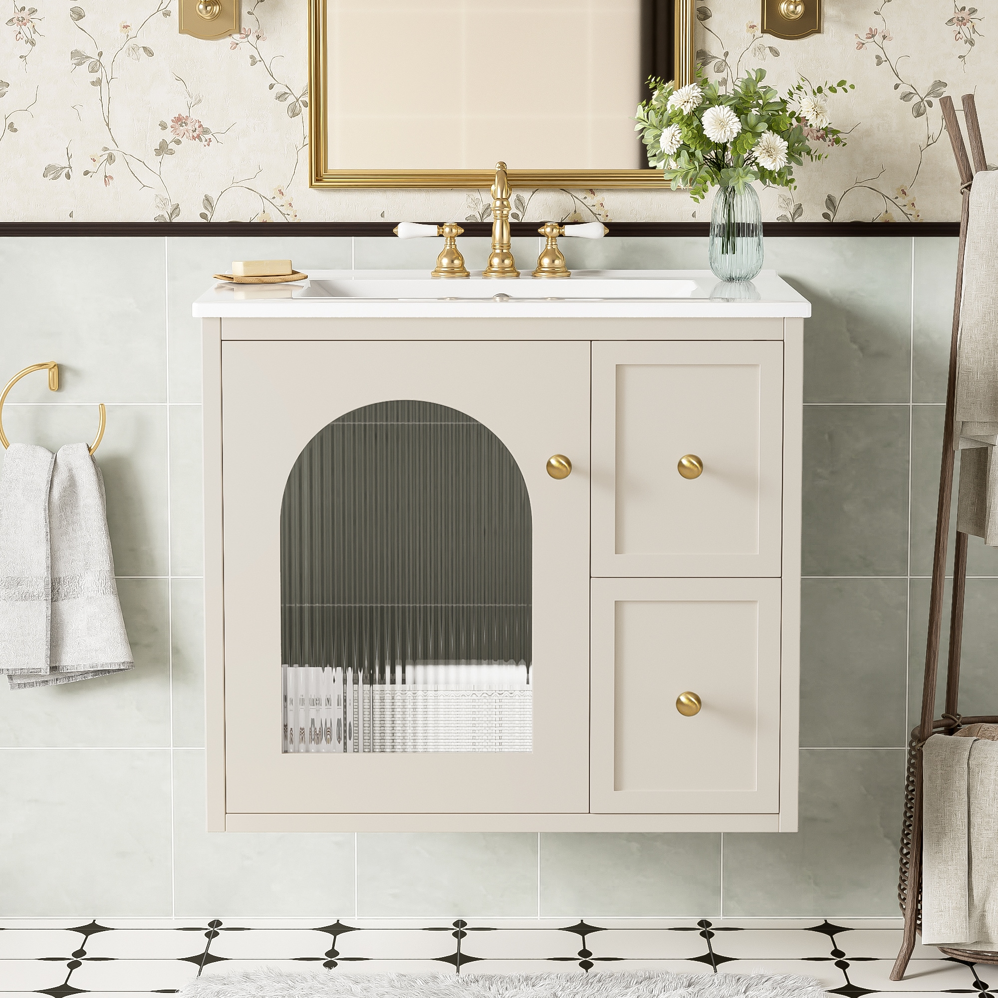 AAZJ Bathroom Vanities with Top 24-in Beige Undermount Single Sink Bathroom Vanity with White Ceramic Top