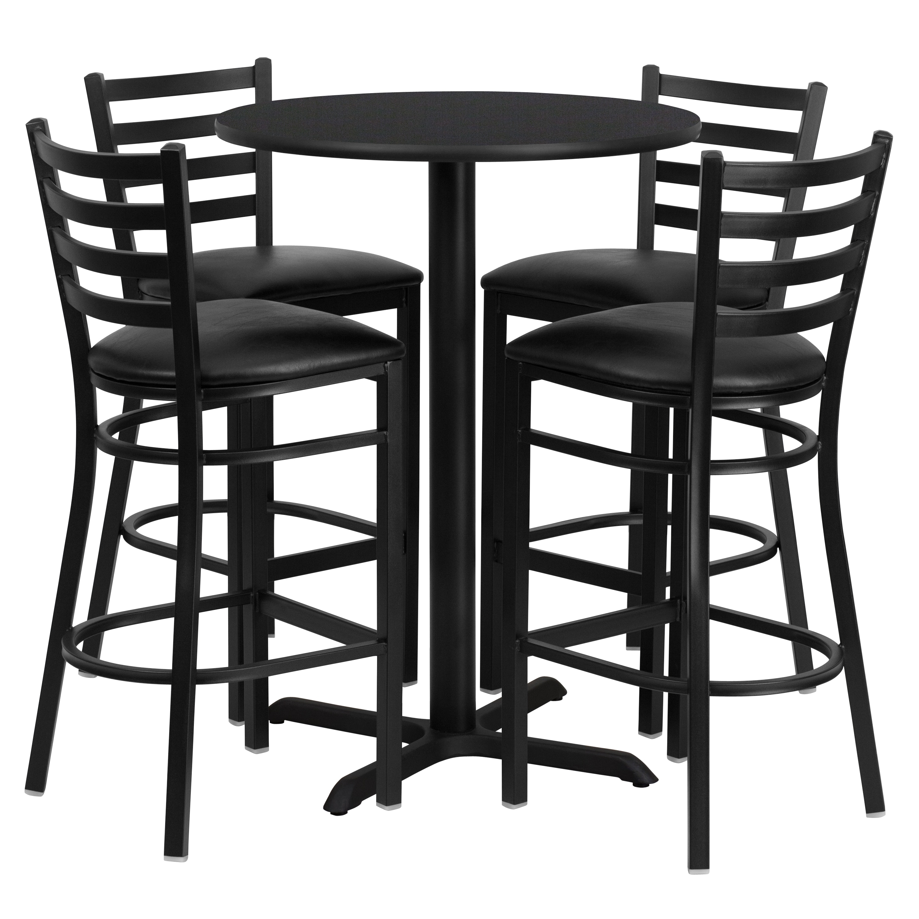 Emma + Oliver 30RD Black Table Set-X-Base and 4 Ladder Back Stools-Black Seat