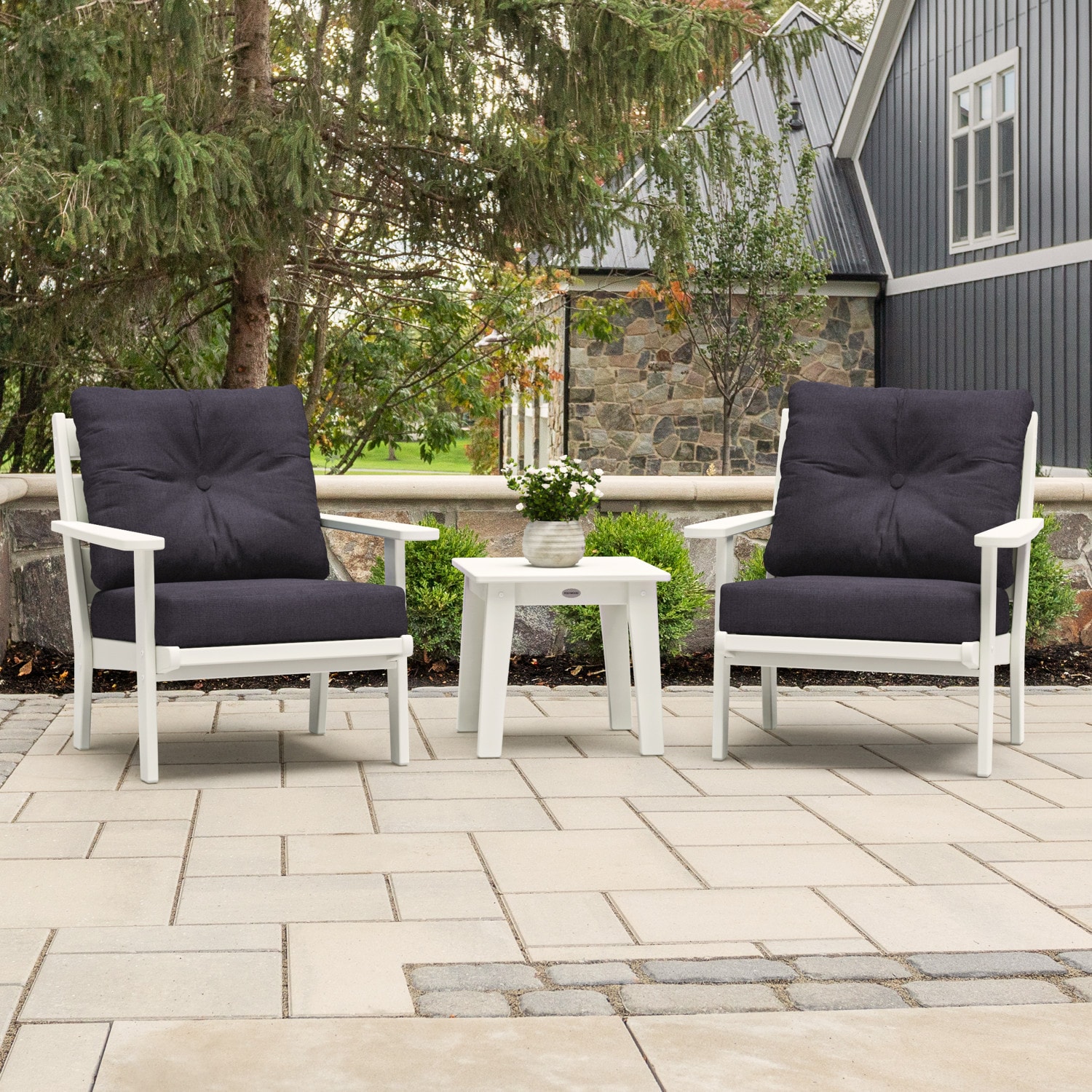 allen + roth by POLYWOOD PWS732-2-WH164488 Oakport 3 -Piece Patio Conversation Set with Navy Revolution Cushions