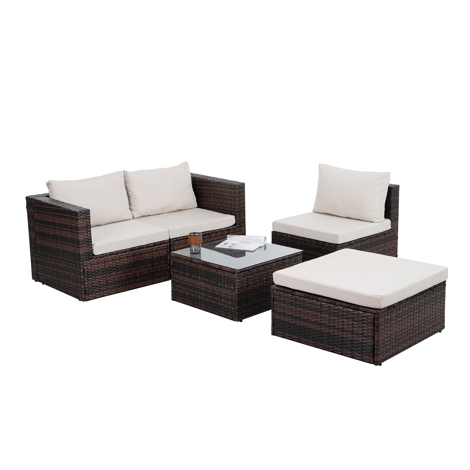 Bybafun YB7900012 Wicker Outdoor Sectional with Beige Cushions and Wicker Frame