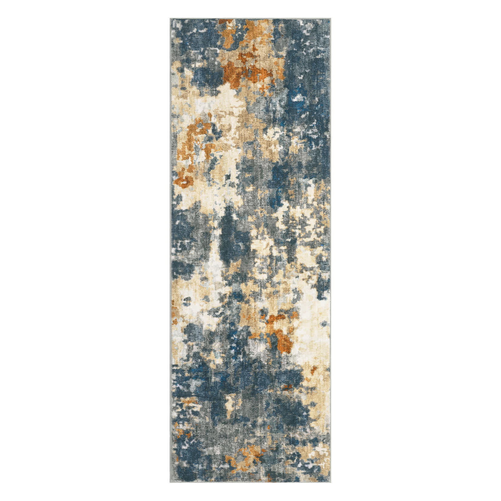 Qeetex LSN-PHO-16ALY8CJ 2 x 6 ft Polyester Pearl Velvet Blue Yellow Rectangular Hallway Bathroom Entryway Kitchen Office Foldable Abstract Printed Modern Washable Area Rug