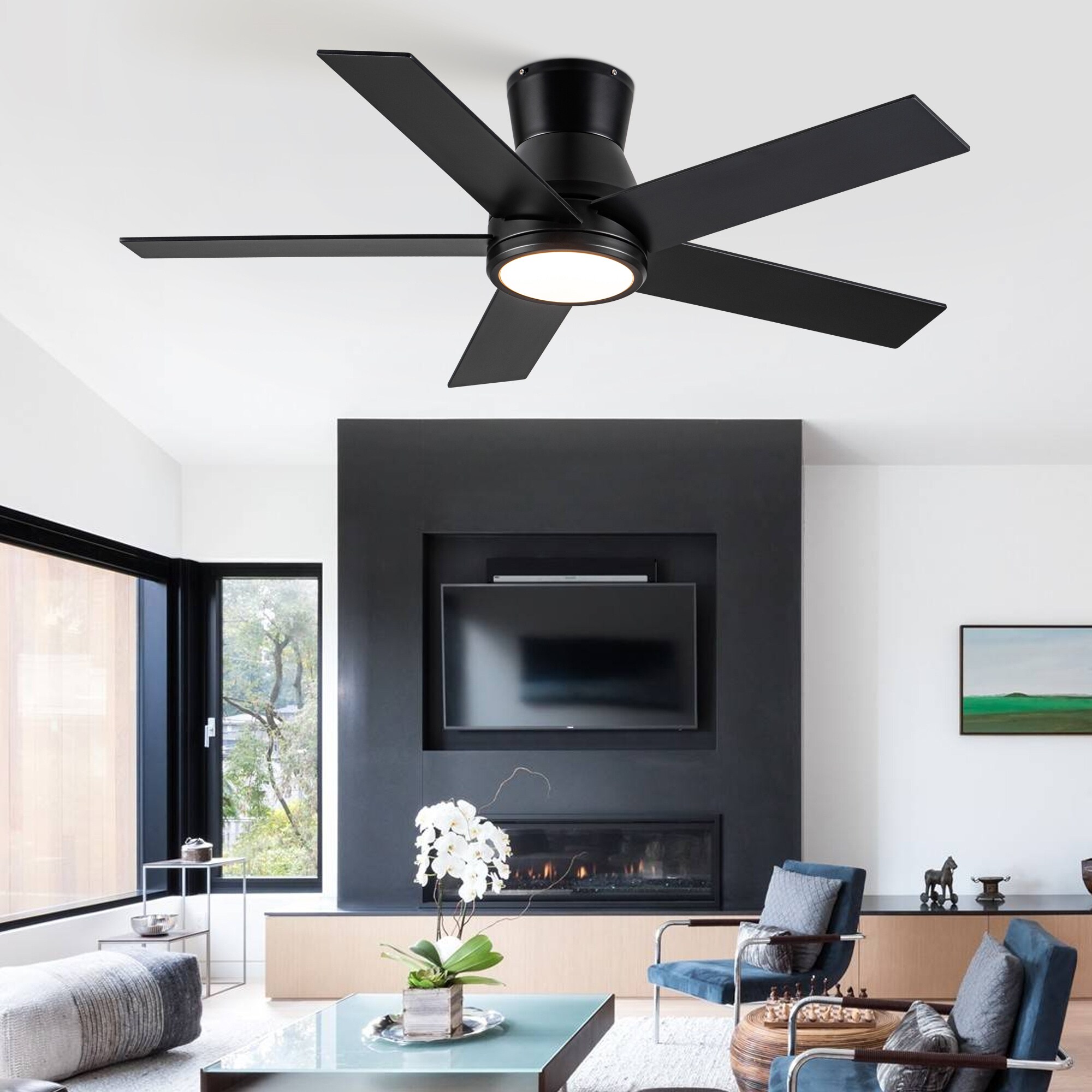 BABOOM BOM-7P270469-OR Lowe Profile Ceiling Fan with Light 52-in Integrated LED Flush Mount Black with Plywood Blades Ceiling Fan With Light - Remote Included ( 5 -Blade )