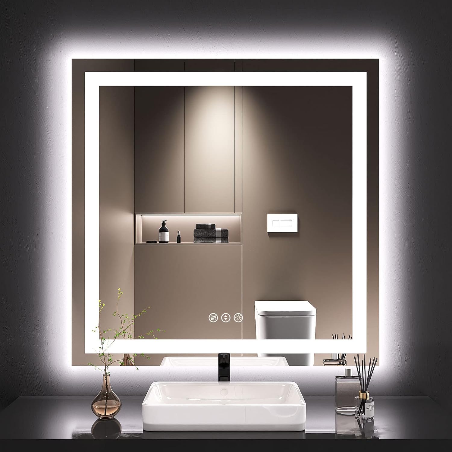 AAZJ BG-AY-3036-M Bathroom Mirrors 36-in x 36-in Framed Frameless Square Dimmable LED Lighted Fog Free Bathroom Vanity Mirror ( Silver )