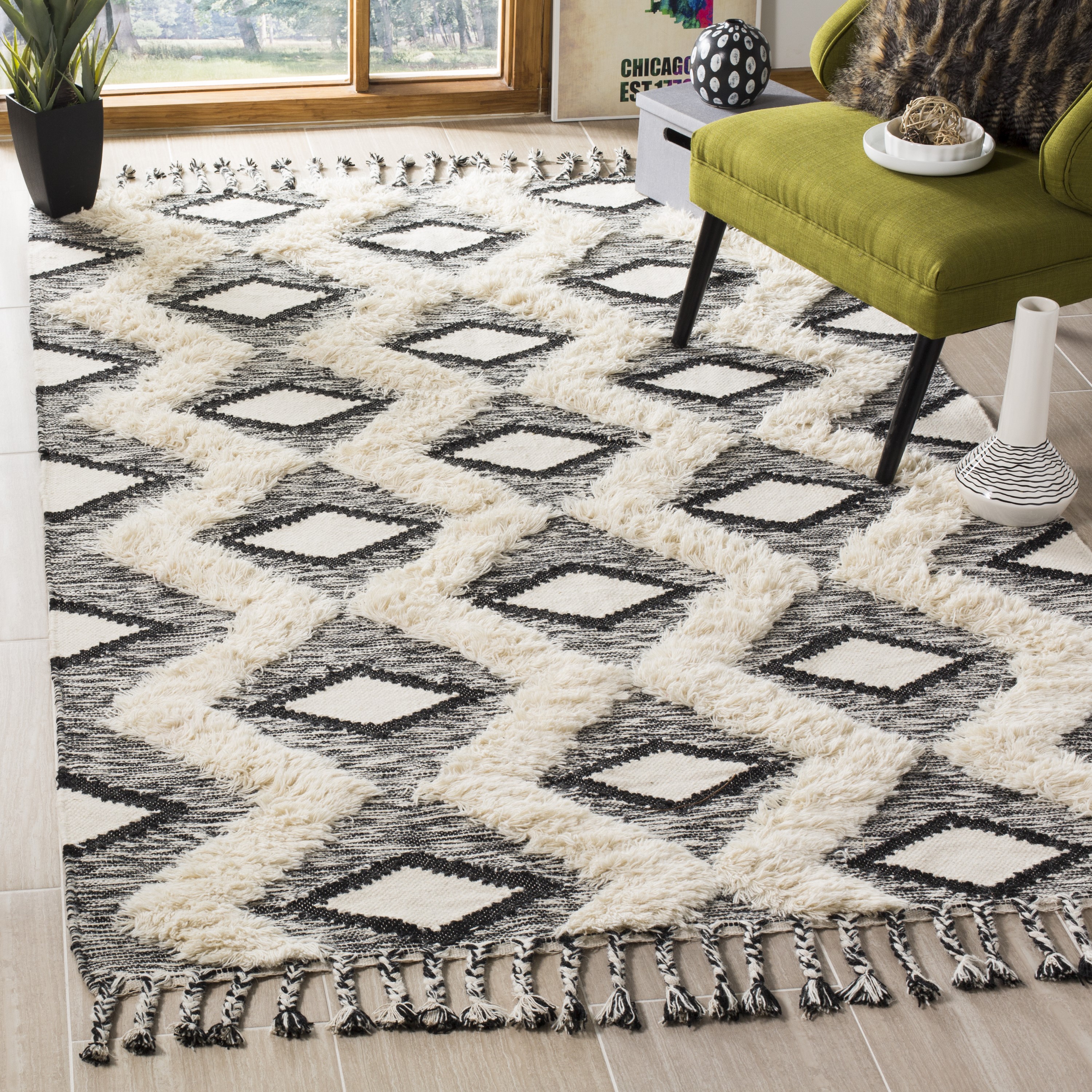 Hand-Knotted Black and Ivory Wool Geometric Area Rug, 6' x 9'