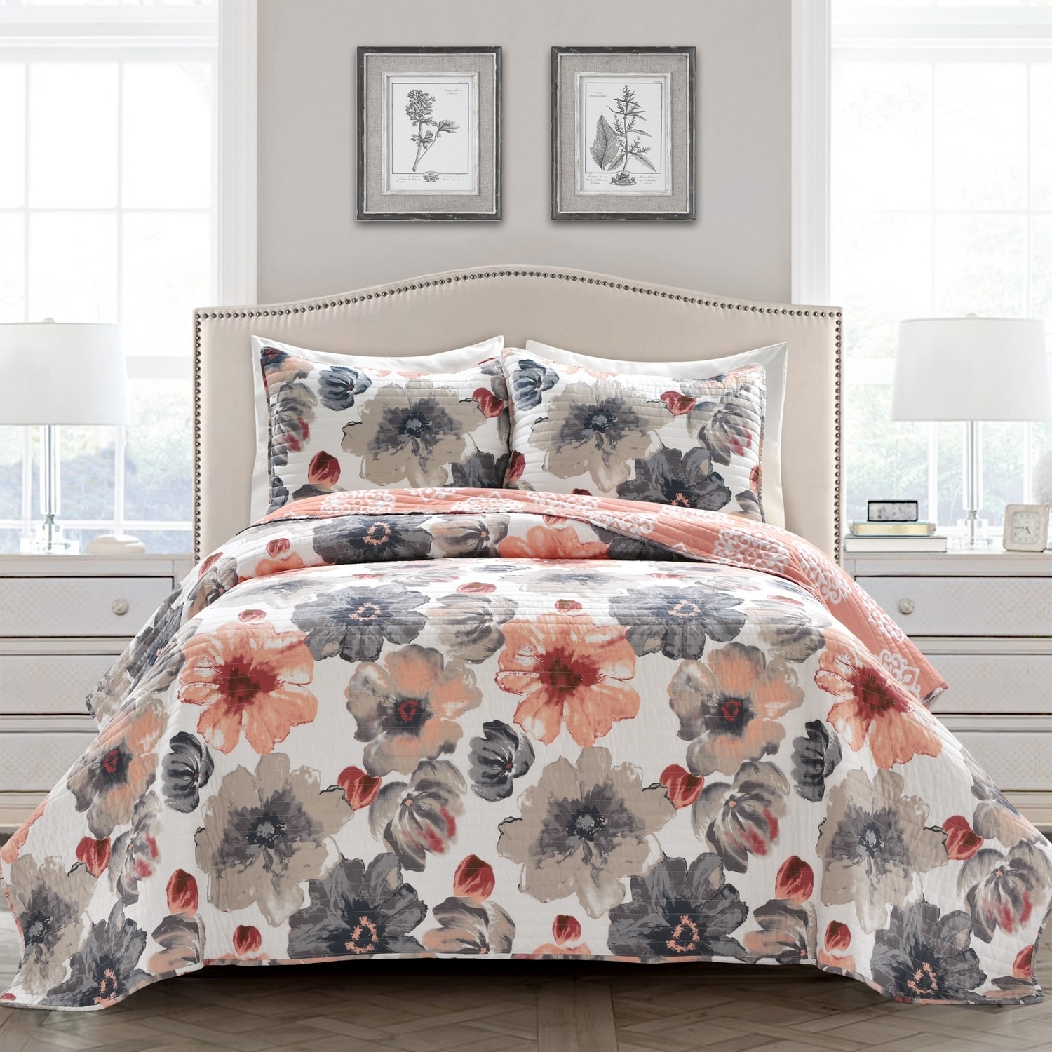 Lush Decor 16T005049 Coral Floral Reversible King Quilt