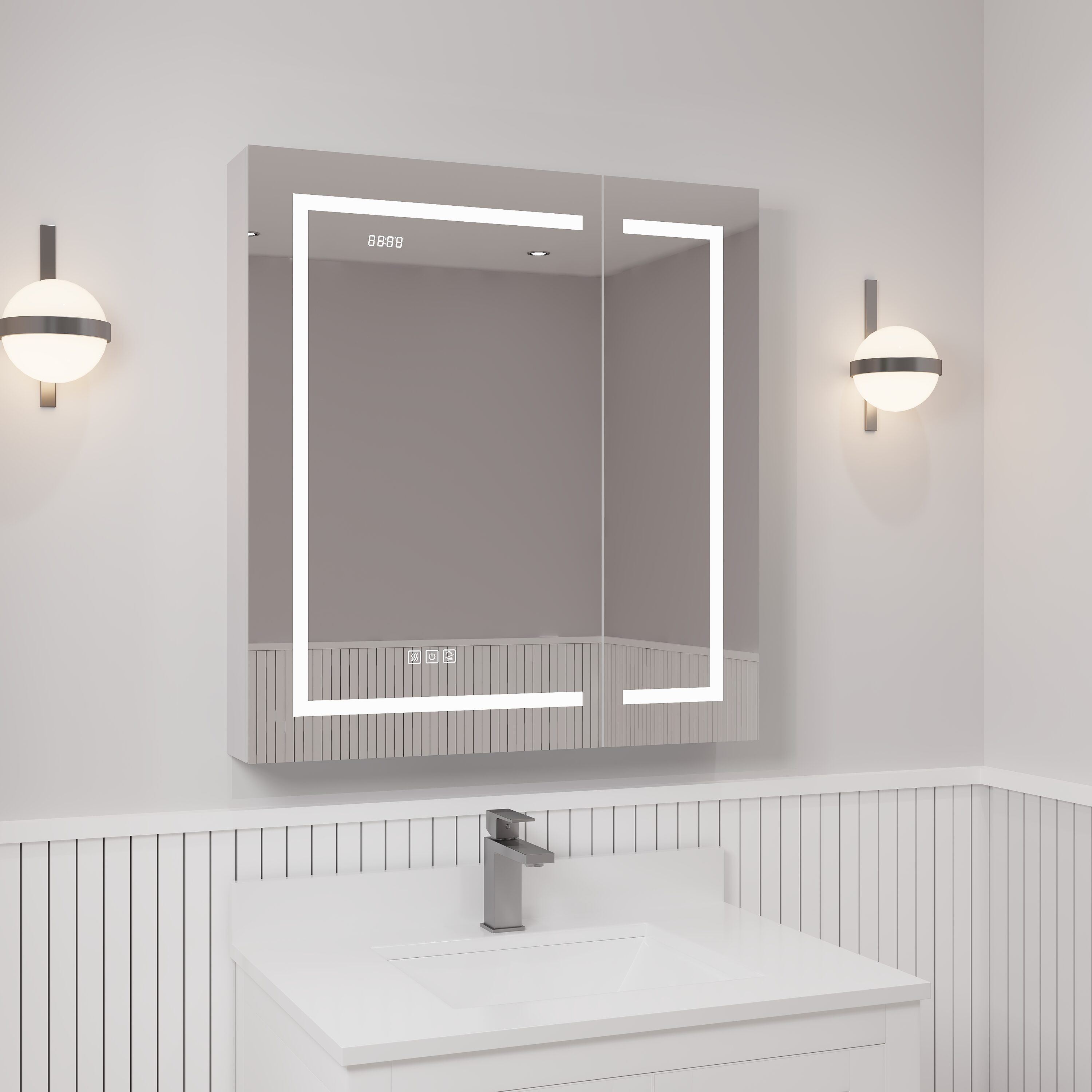 Ayna Decors AMCNE3032LEDC Neo 30-in x 32-in Lighted LED Fog Free Surface Mount Silver Mirrored Rectangle Soft Close Medicine Cabinet with Outlet