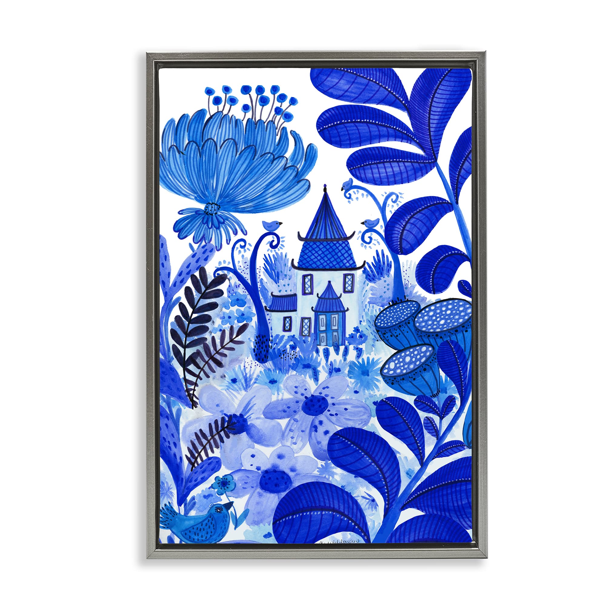 Stupell Industries BS-605-FFL-20X30 Whimsical Blue Folk Garden Gray Framed Floater Canvas Wall Art By Kay Widdowson 21 x 31