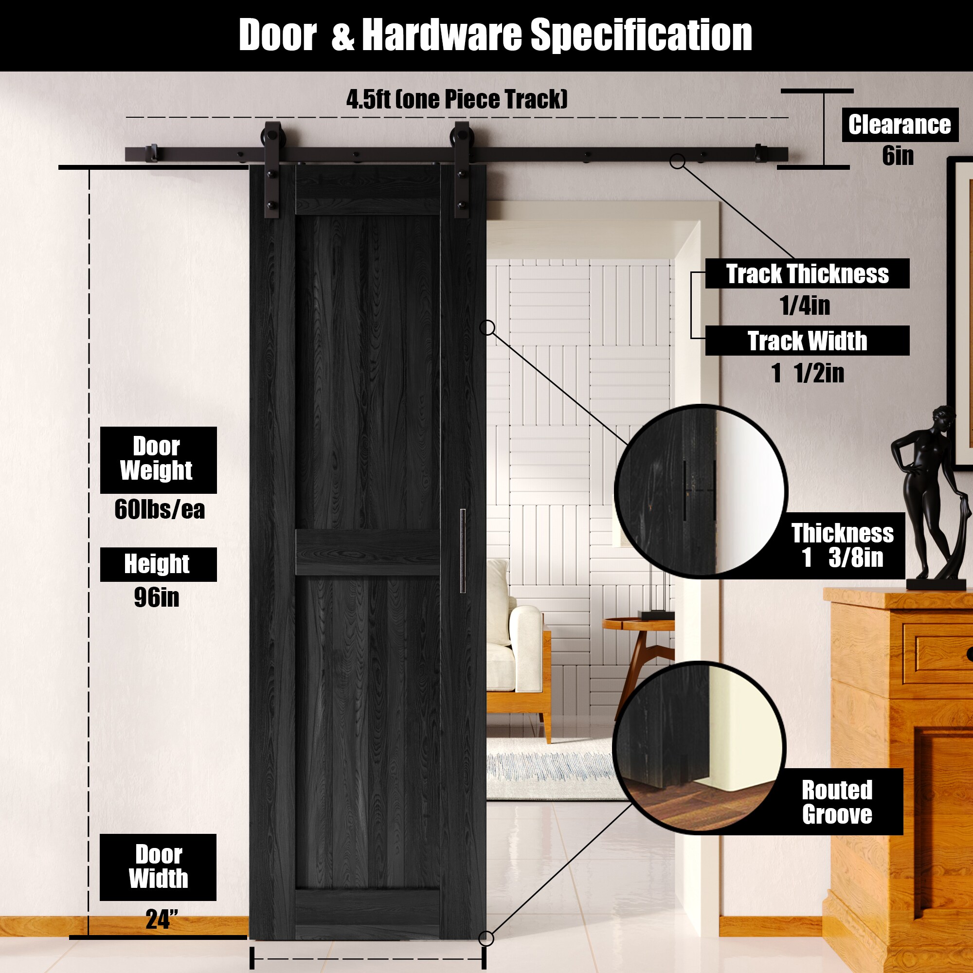 HOMACER YT1TGH054C-2496-H-BK Barn-Doors - View #2