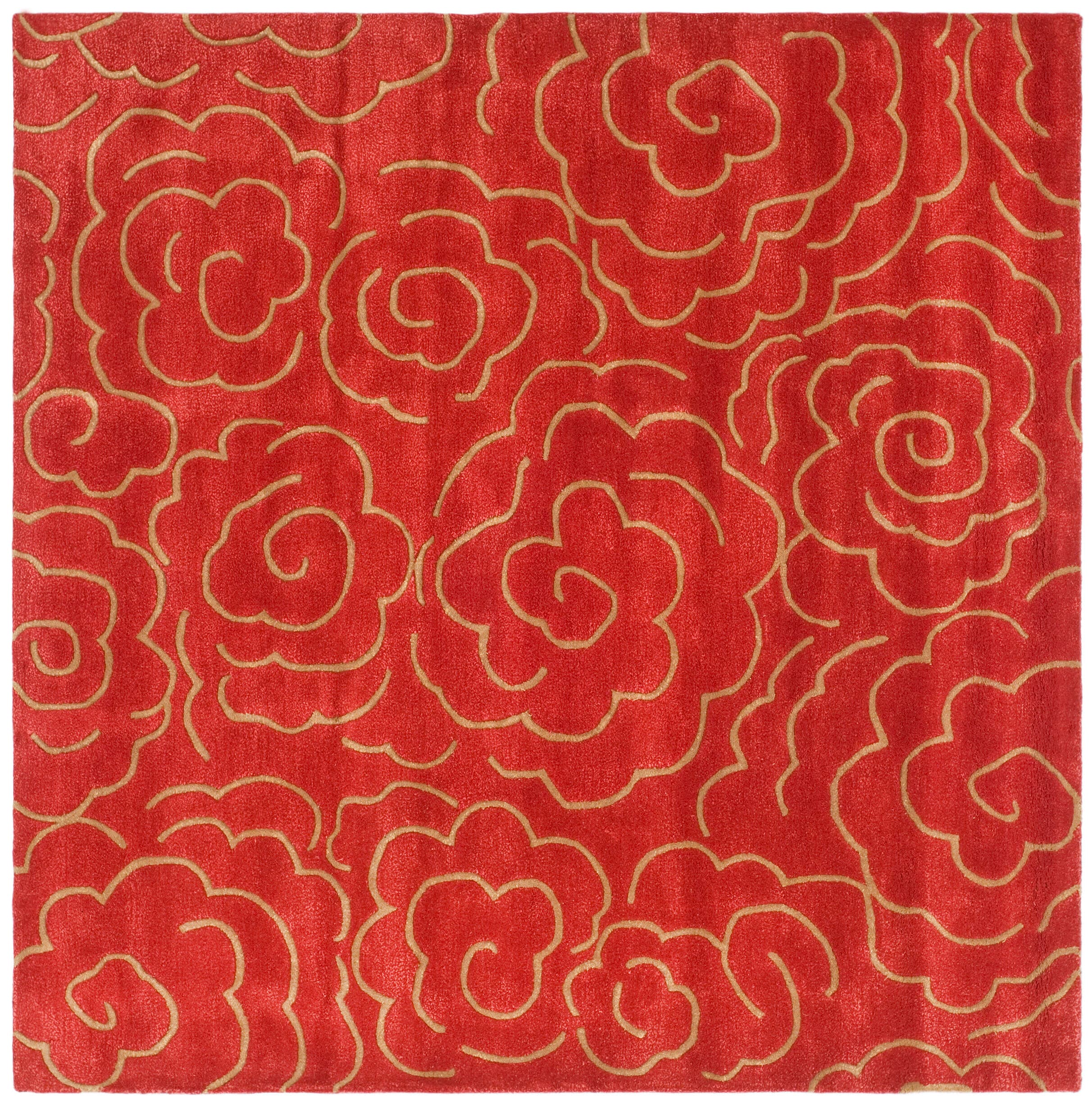 Red and Gold Hand-Tufted Wool Square Area Rug, 8' x 8'