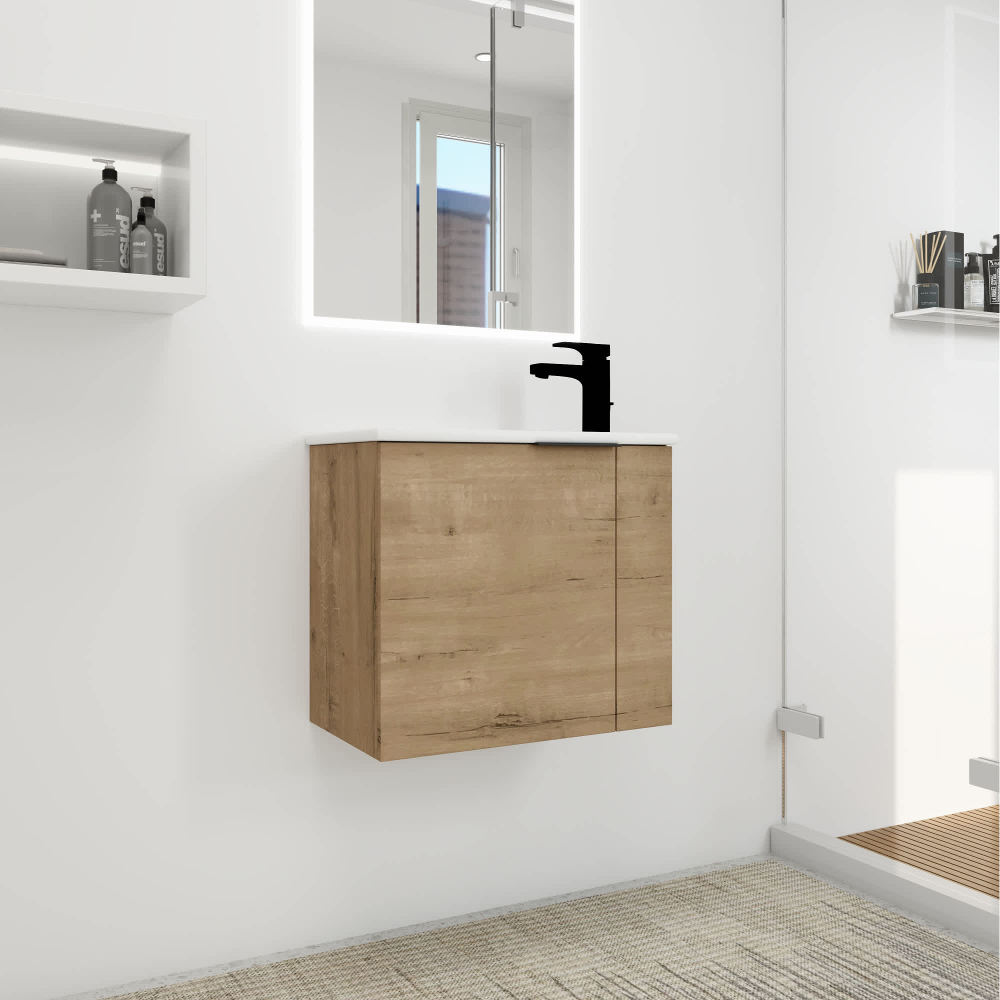 Roomfitters  Modern Imitative Oak Floating Bathroom Vanity Set Ceramic Sink Black Handles