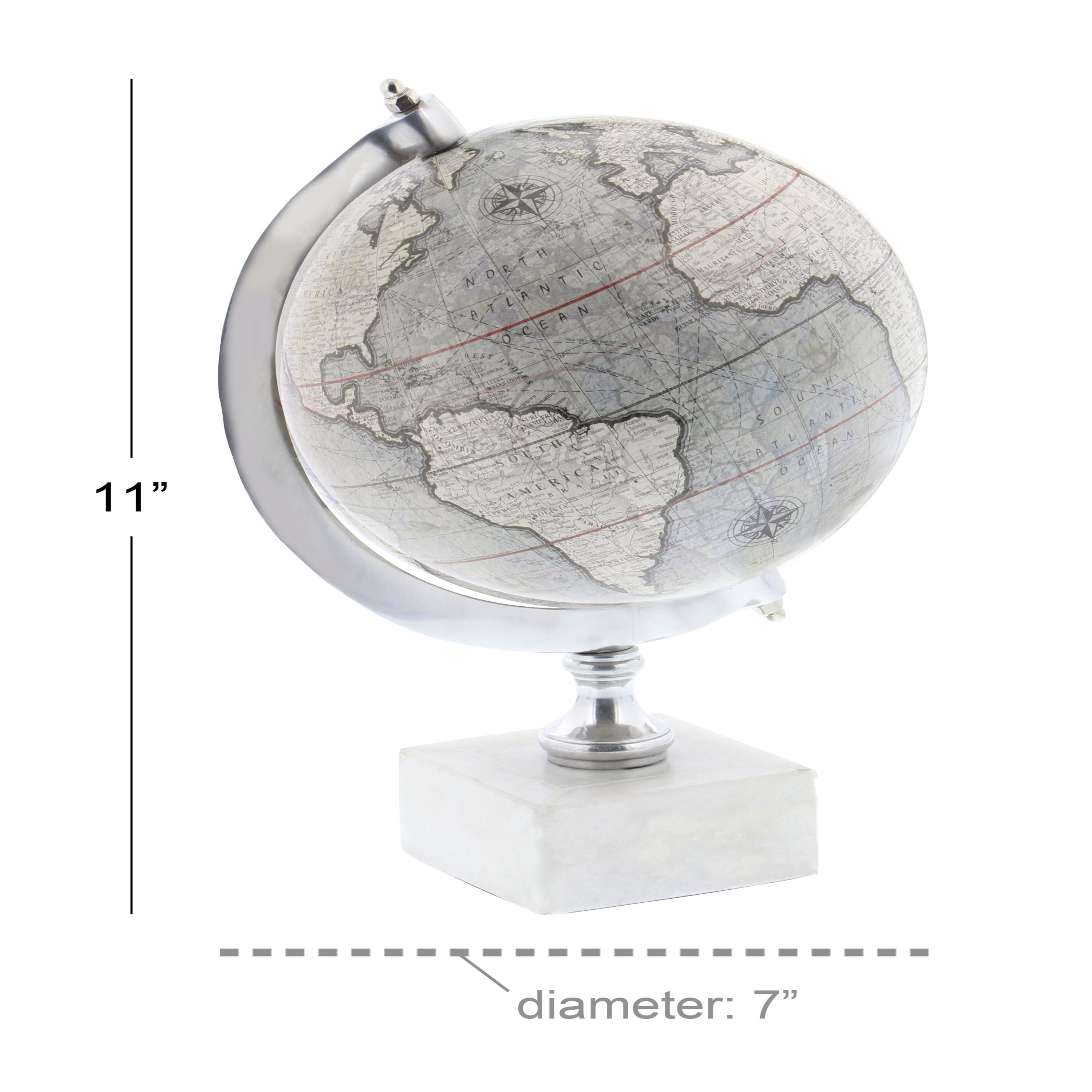 Contemporary White Marble Globe with Silver Accents