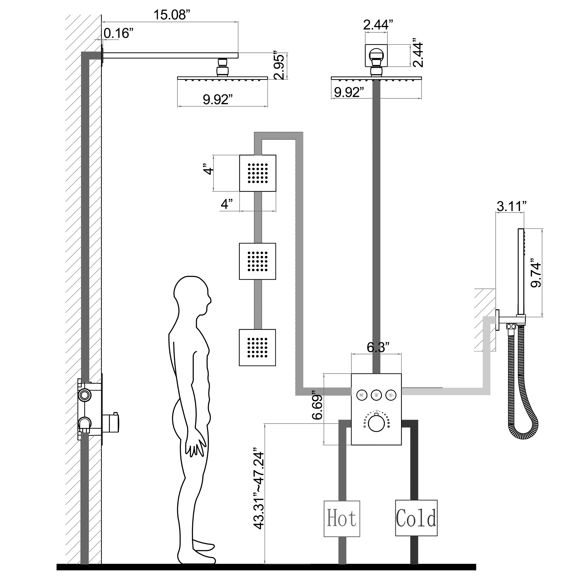 WELLFOR WB-SH018MB Showerhead-Bar-Panels - View #6