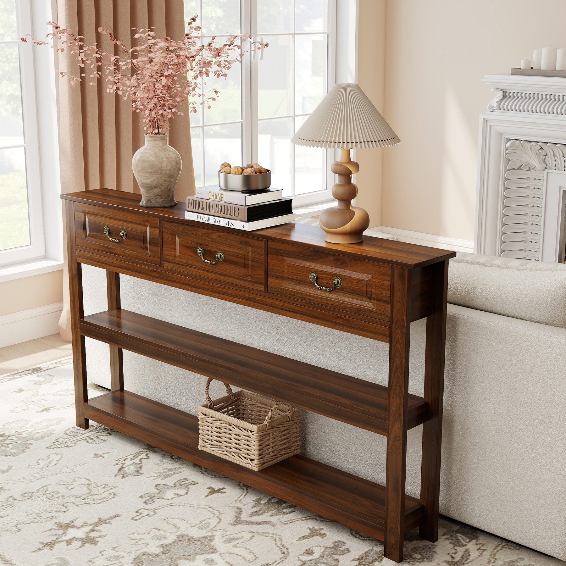 SINOFURN - Rustic Rectangular Wood veneer Walnut 63-in W x 35.4-in H Console table with Drawers