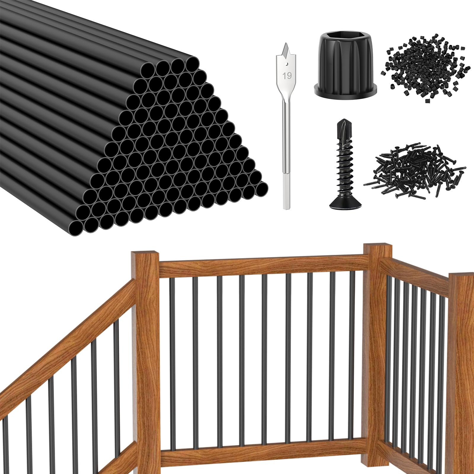 Afoxsos  100 pack 26 inch round aluminum deck balusters black 34 inch diameter railing spindles with connectors screws and drill bit for stair