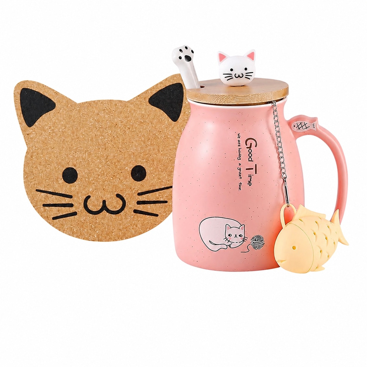 Aoibox  13 oz Pink Ceramic Cat Mug with Silicone Fish Infuser Cat Paw Spoon and Coaster Set of 4