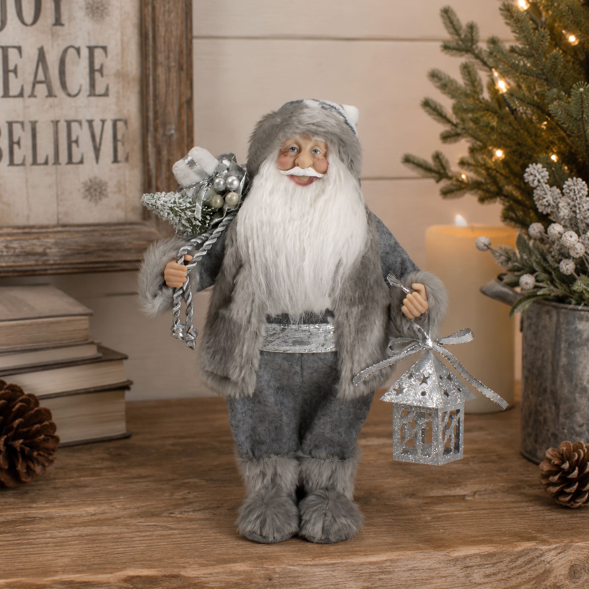 Northlight Faux Fur Standing Santa Claus Christmas Figurine with Bag and Lantern - 12 inch