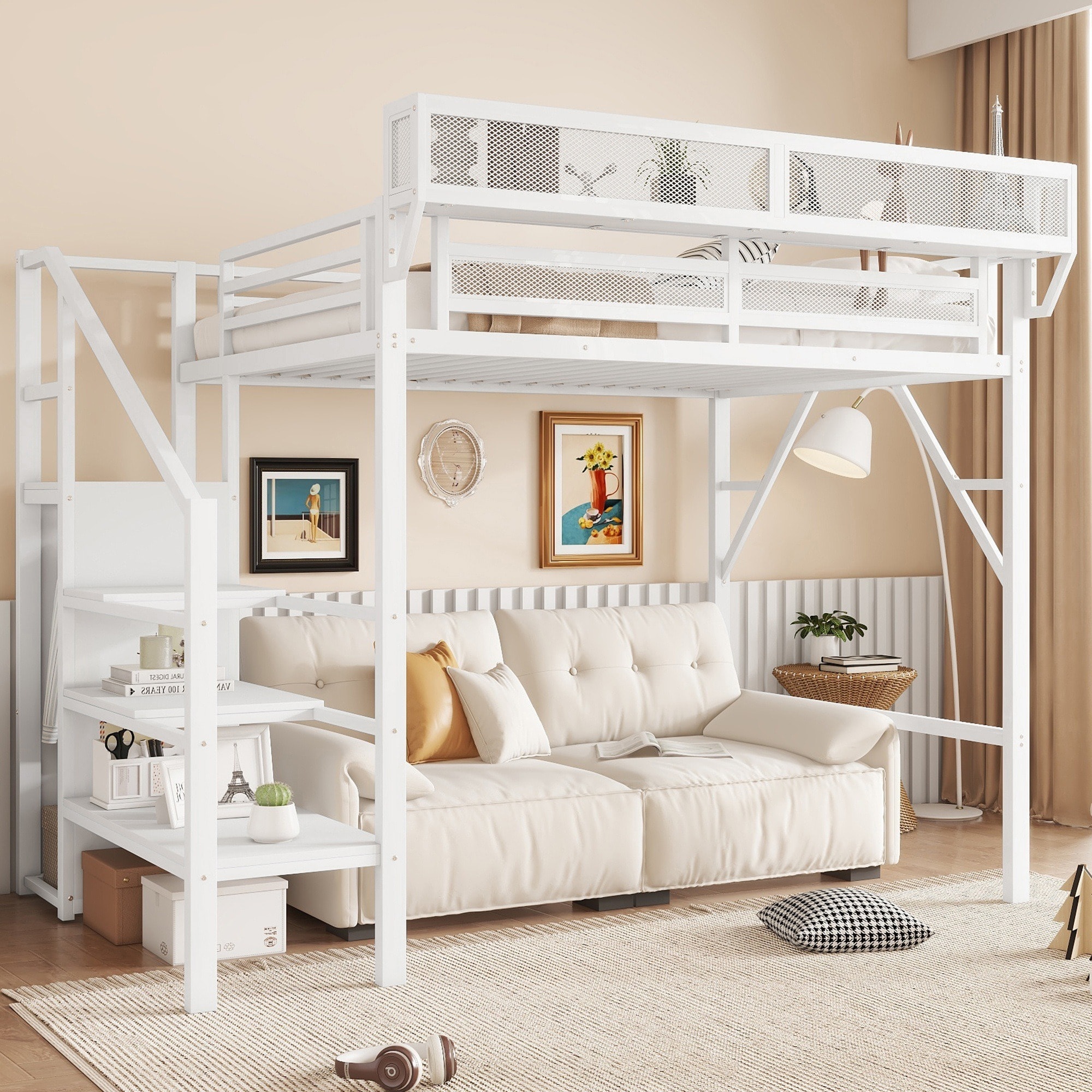 UOI Twin Size White Metal Loft Bed with Stairs and Storage Shelves with Wardrobe for Kids Teens