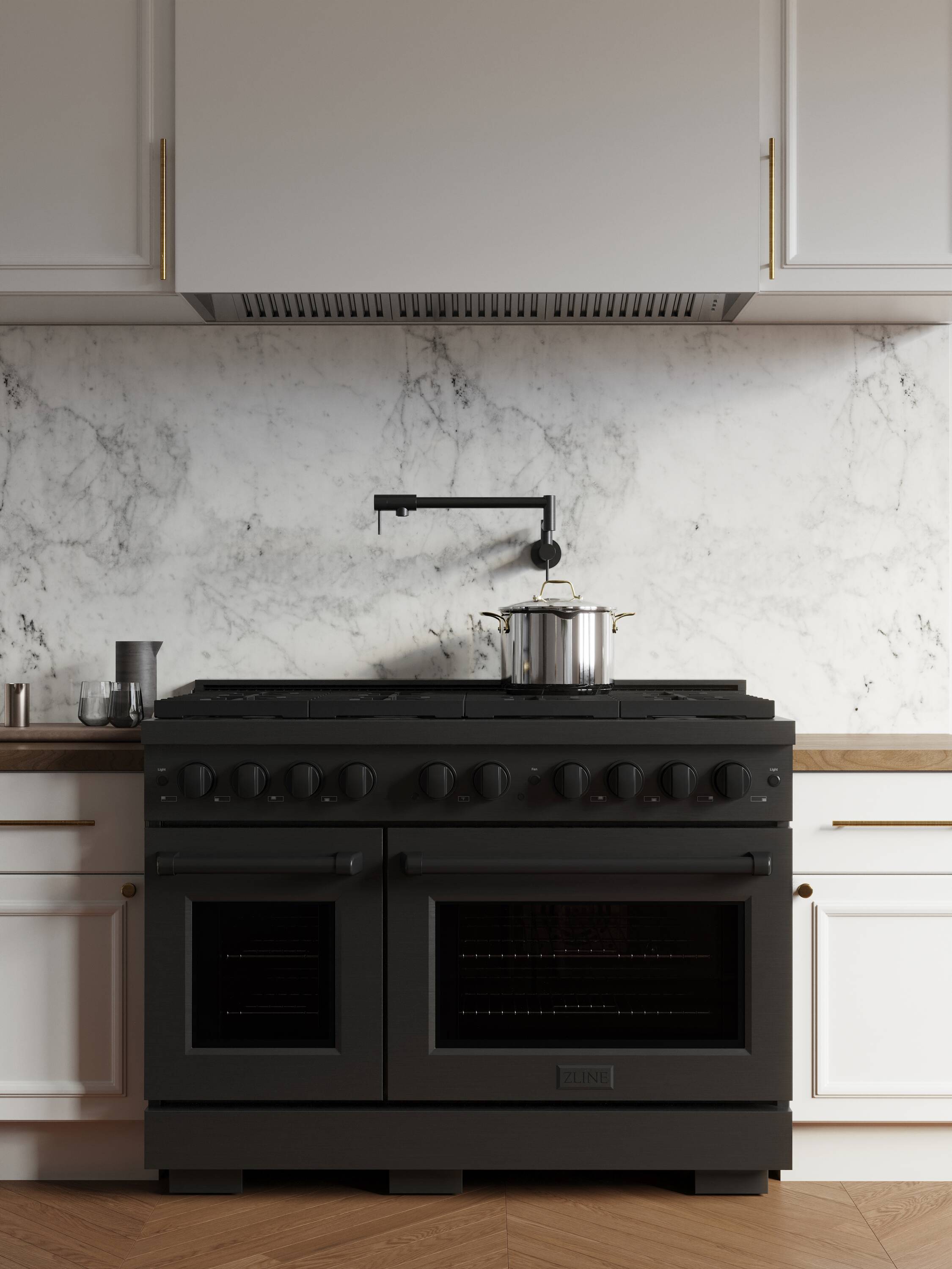 48" Black Stainless Steel Double Oven Gas Range with Griddle