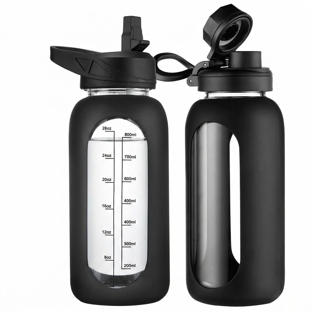 Etokfoks  32 oz Black Glass Water Bottle Black Family Glass Time Marker Leakproof Silicone Sleeve Sports Water Bottle 1 Bottle