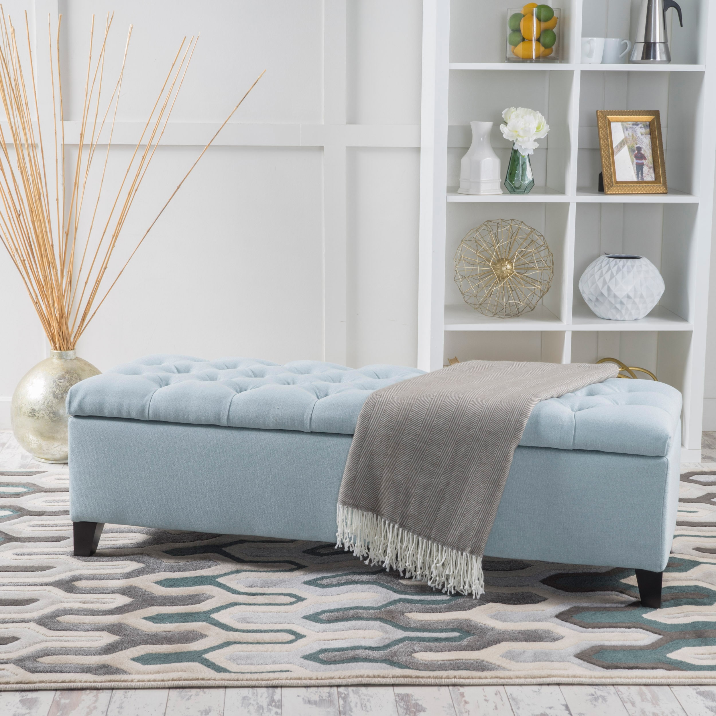 Light Blue Button-Tufted Upholstered Storage Ottoman Bench
