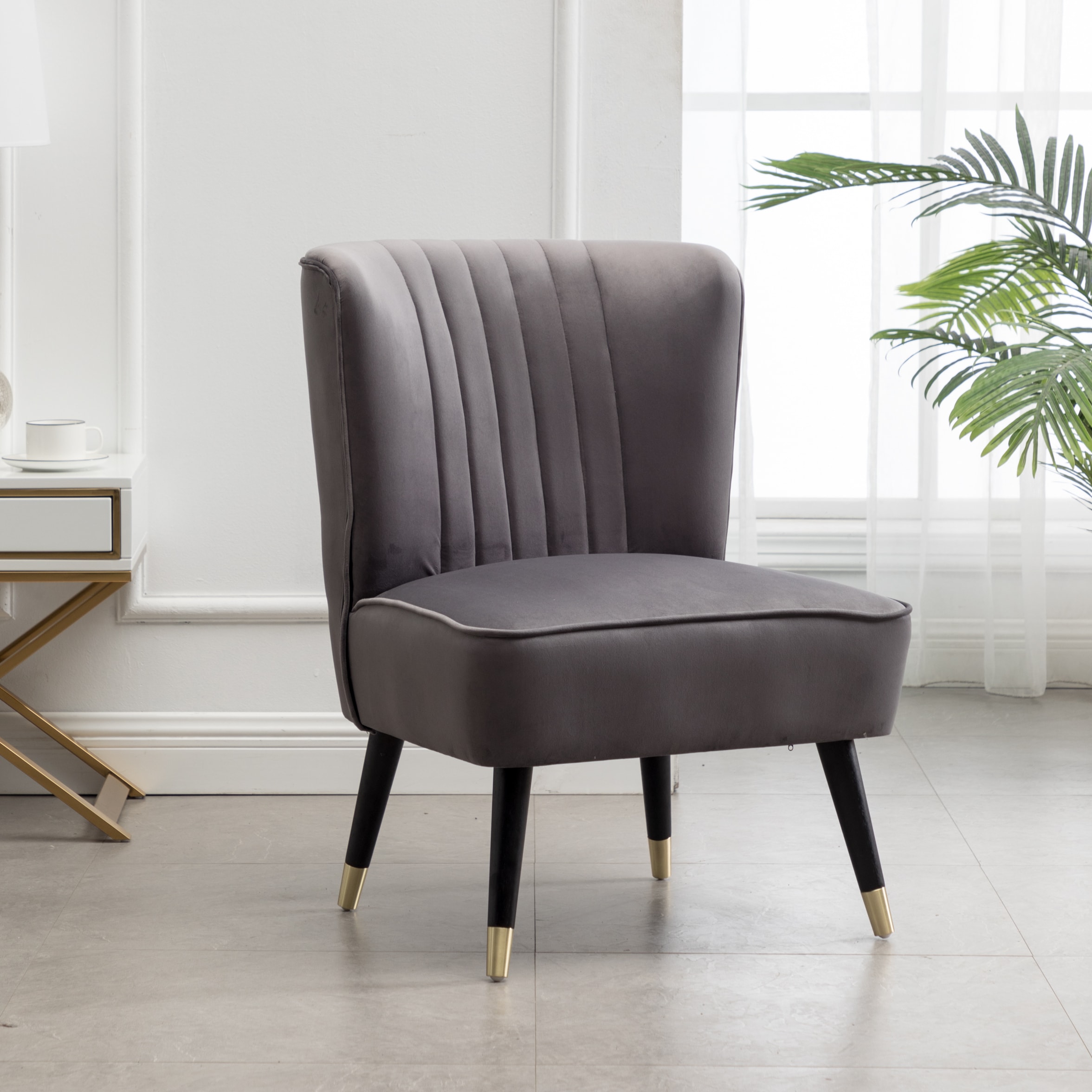 Tinyhomie - Elon Gray Contemporary Velvet Upholstered Accent Chair With Black Rubberwood Legs Gol...