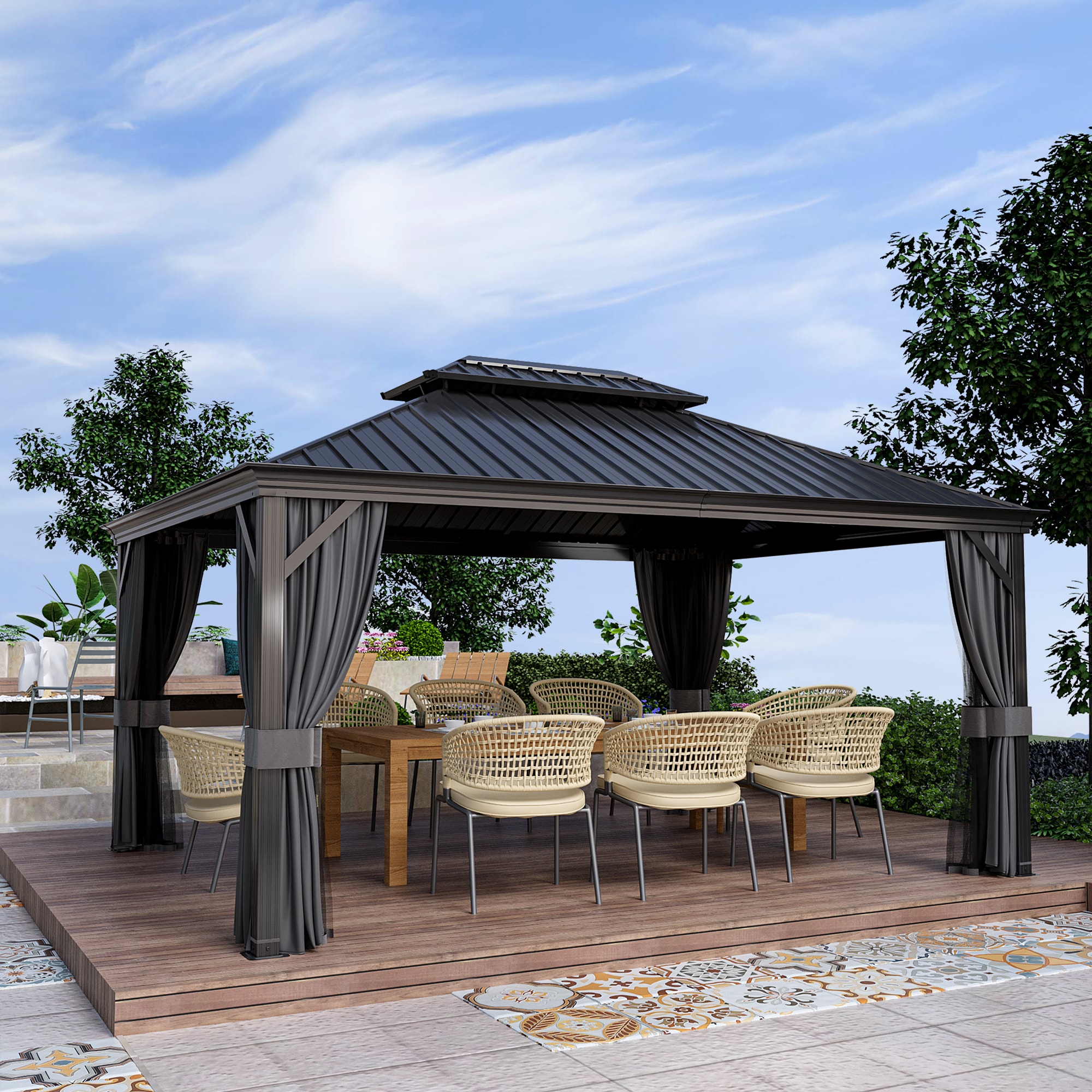 15.4-ft x 11.9-ft Rectangle Black Metal Steel Roof Gazebo EL-ZPTPS1216 ...