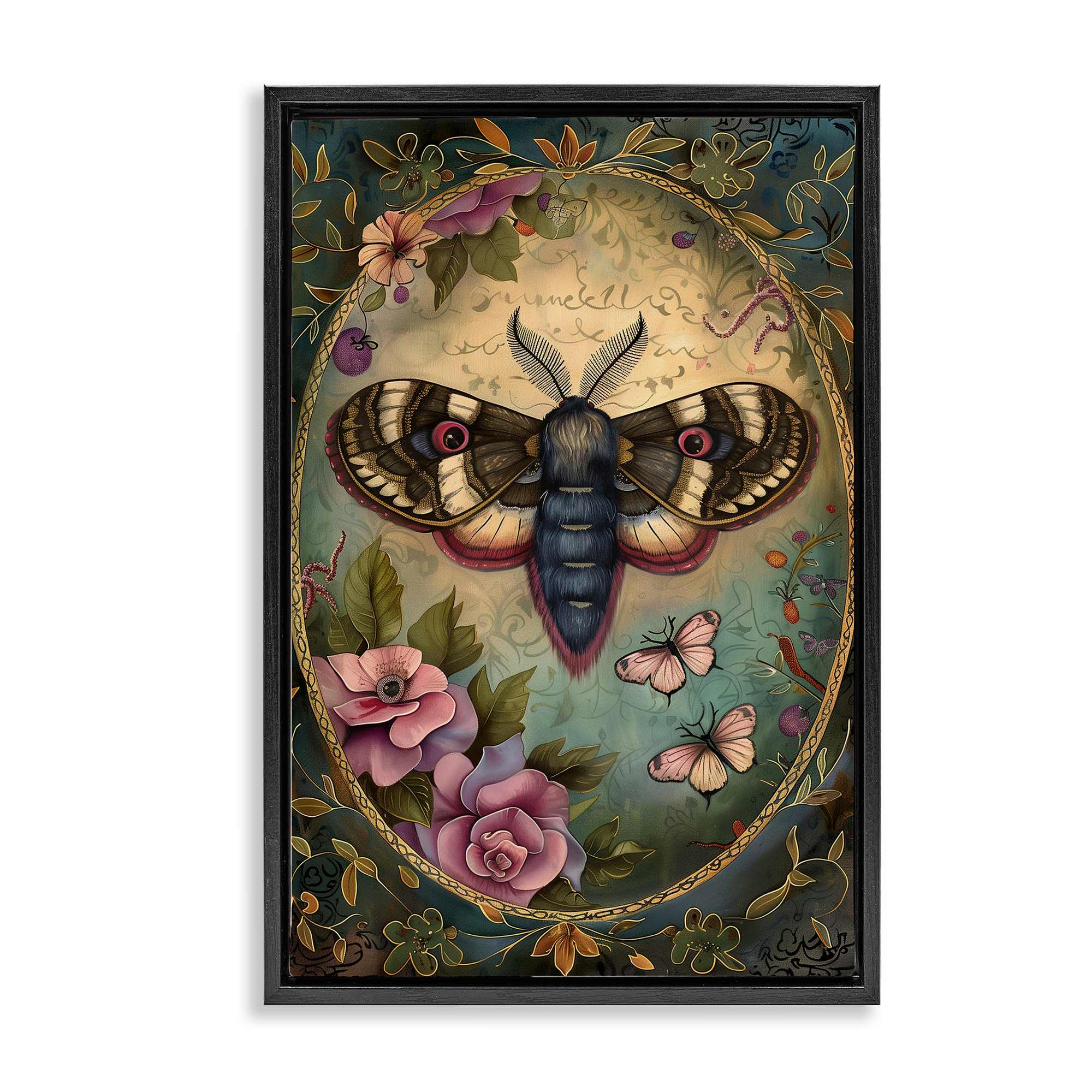 Stupell Industries BT-887-FFB-20X30 Vintage Moth and Floral Border Black Framed Floater Canvas Wall Art By The Dutch Lady 21 x 31
