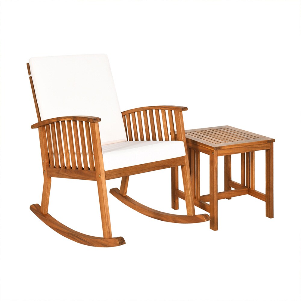 Slickblue D-CO-78836WH 2-Piece Acacia Wood Patio Rocking Chair Set with Cushion and Table for Patio Deck Poolside Backyard Patio or Indoor Use