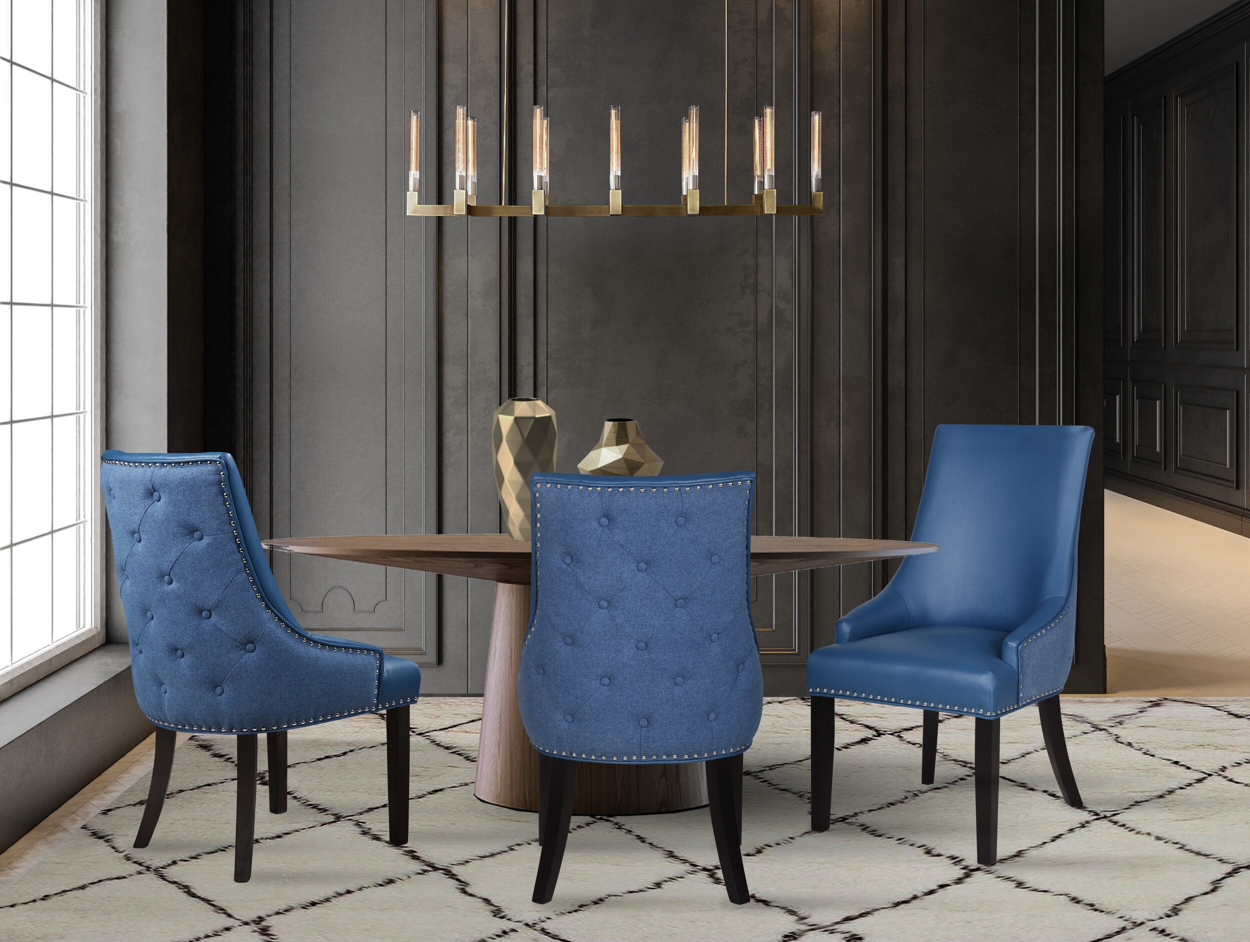 Iconic Home Brando Faux Leather Linen Dining Chair Set of 2 Navy