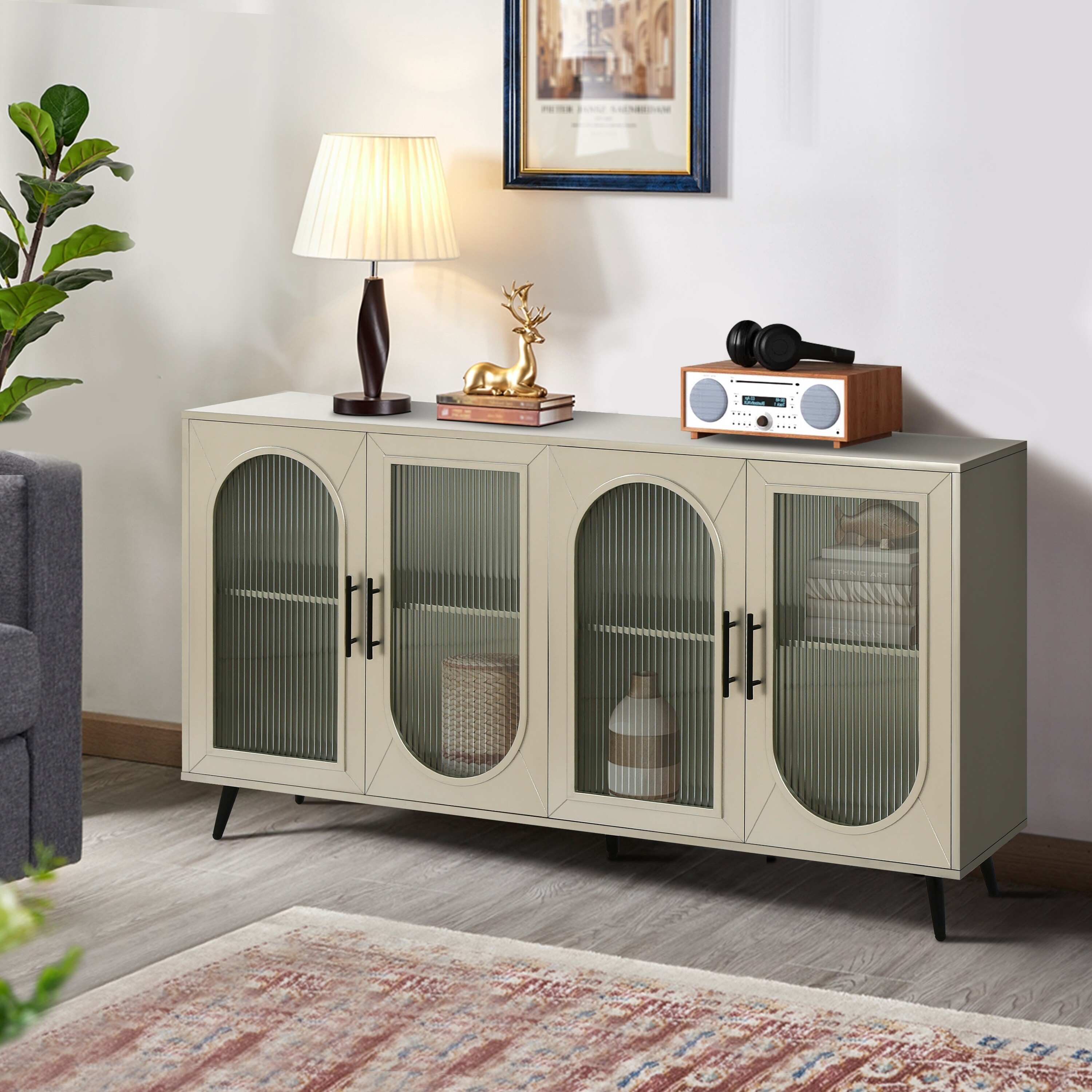 GDFStudio Champagne TV Stand for 65 Inch TV with Storage Cabinet and ...