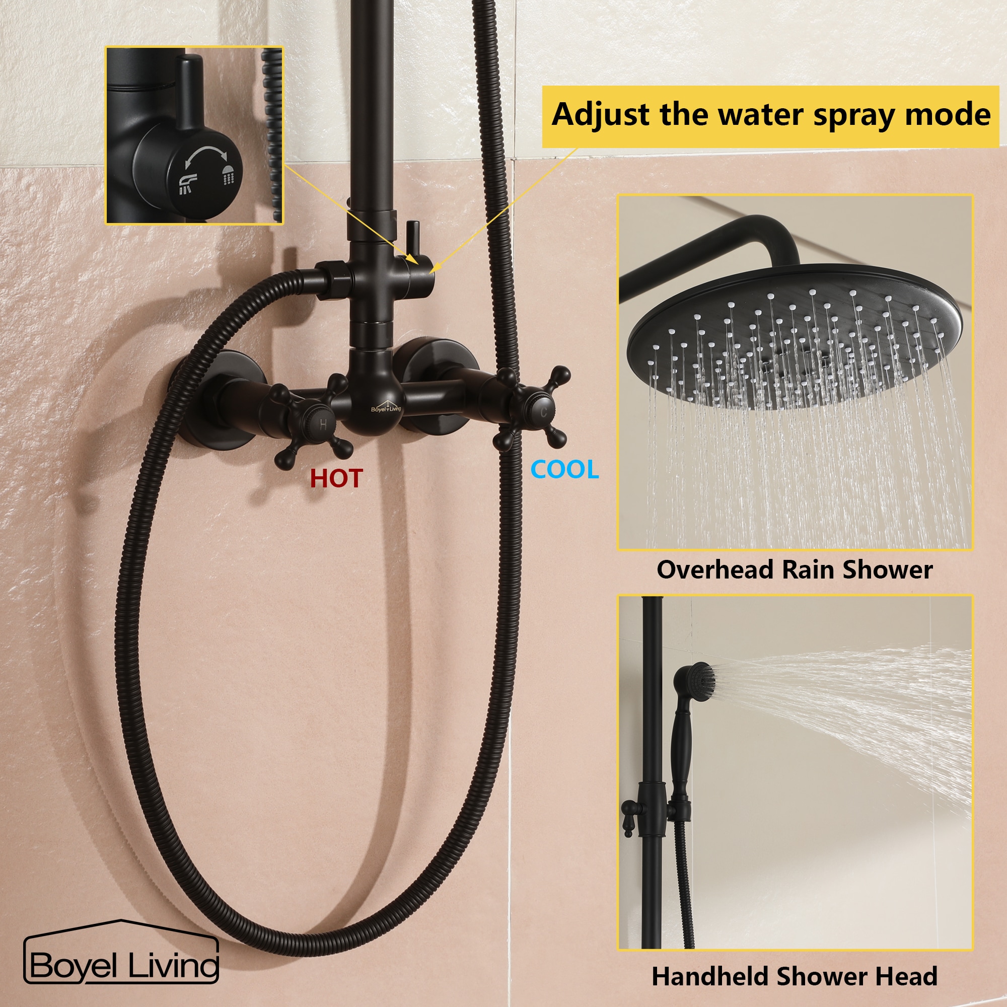 Boyel Living Exposed Pipe Complete Shower System 1-Spray Patterns with 2.5 GPM 8 in. Wall Mount Dual Shower Heads in Matte Black