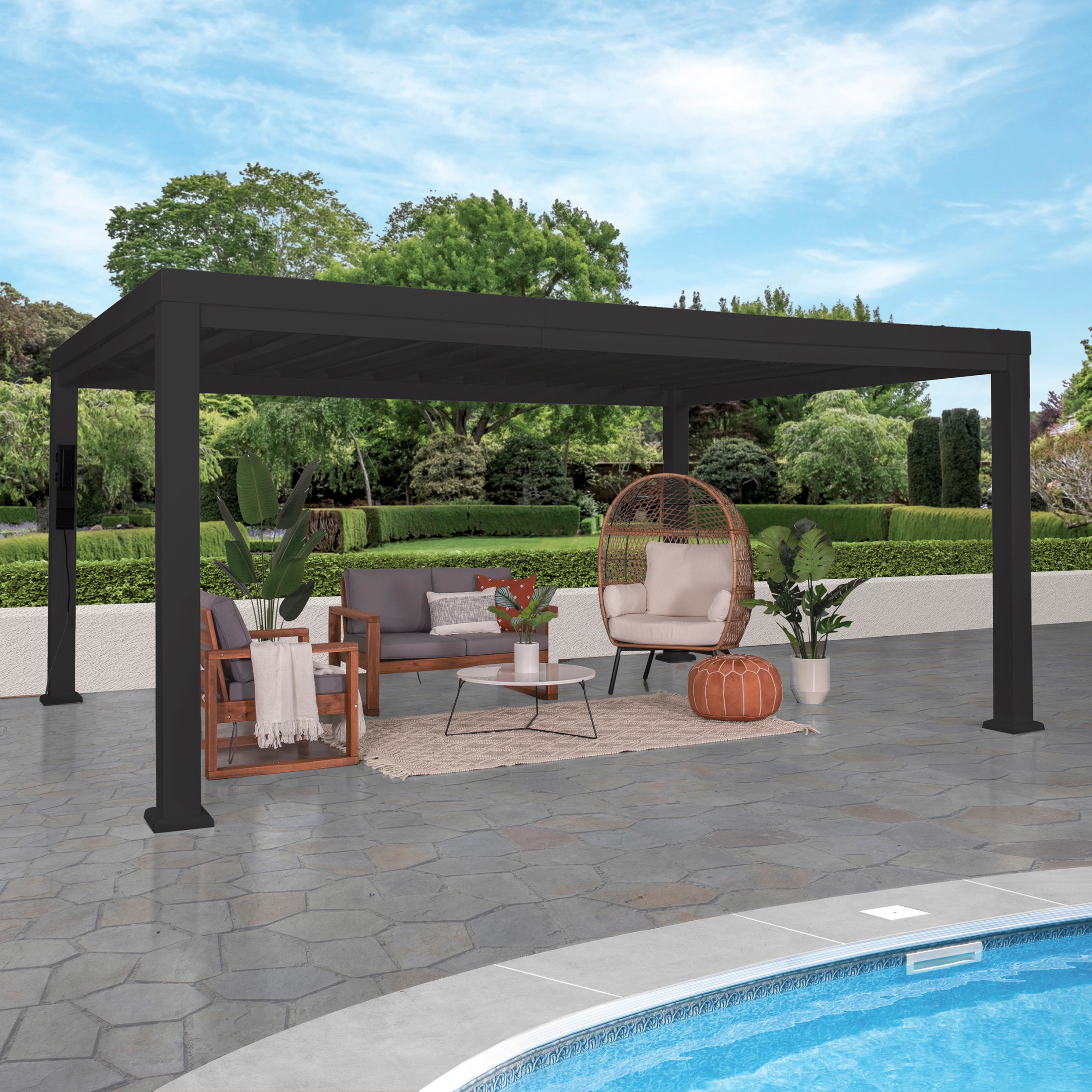 Backyard Discovery 2105119COM Trenton 12-ft W x 16-ft L x 7-ft 6-in H Black Metal Freestanding Pergola with Canopy