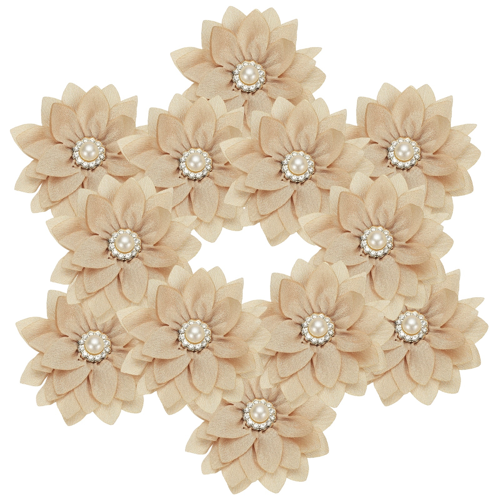 PATIKIL 2.36 in Rhinestone Chiffon Flower 12pcs Fabric Flowers Rhinestone Pearl Sewing Appliques for DIY Crafts Dresses Clothing Headbands Wedding Decoration Beige