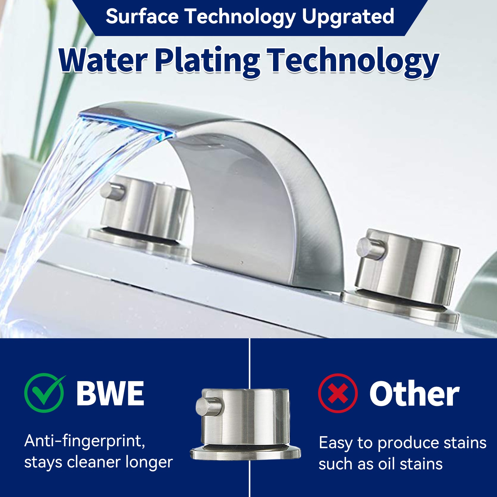 Brushed Nickel 8-Inch Widespread Waterfall Bathroom Faucet with LED Light
