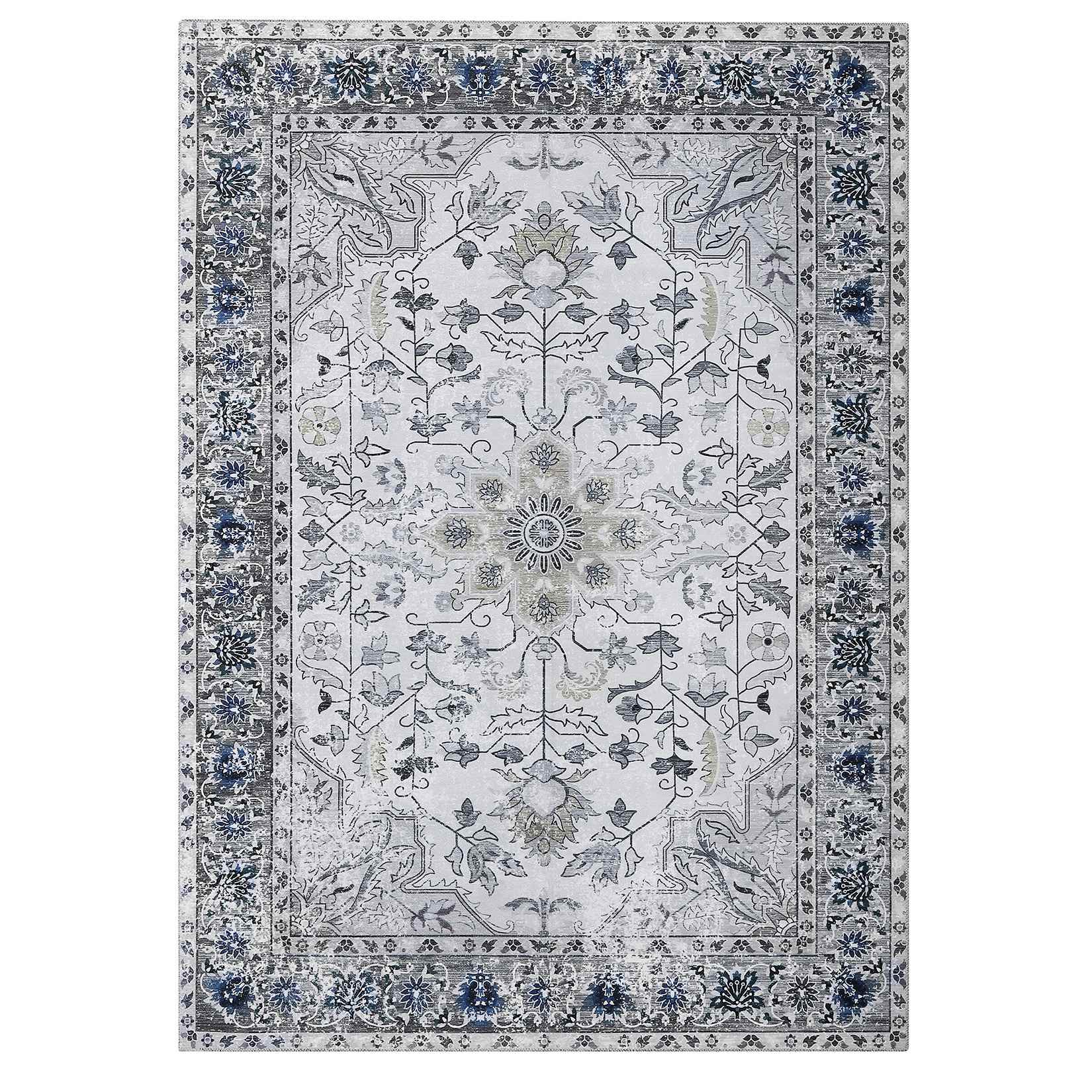 Qeetex LSN-PHO-0ZH39G6I 9 x 12 ft Polyester Chenille Gray Rectangular Hallway Bathroom Entryway Kitchen Office Foldable Flower Printed Modern Washable Area Rug
