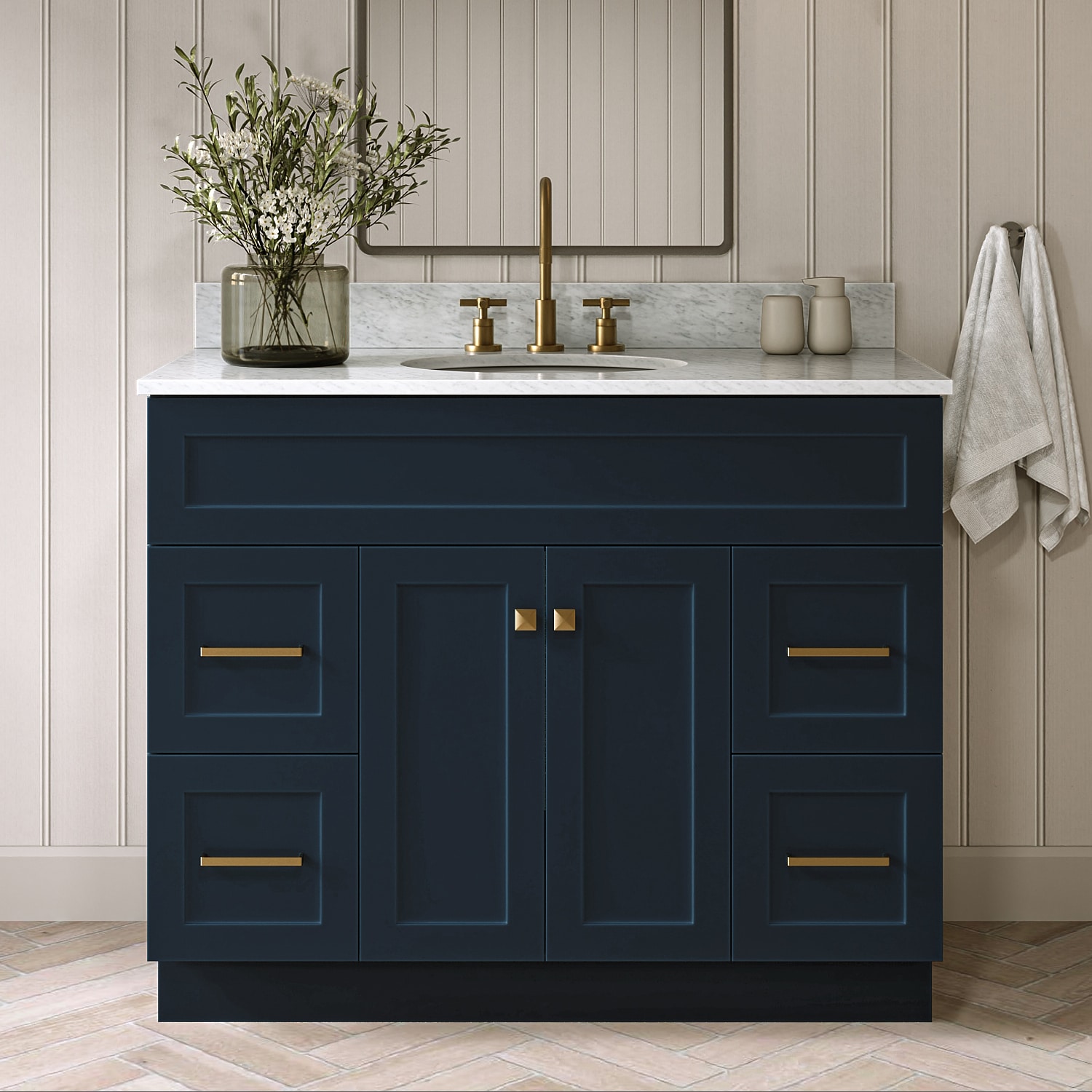 ARIEL Hamlet 42-in Midnight Blue Undermount Single Sink Bathroom Vanity with 0.75" Carrara White Marble Natural Marble Top