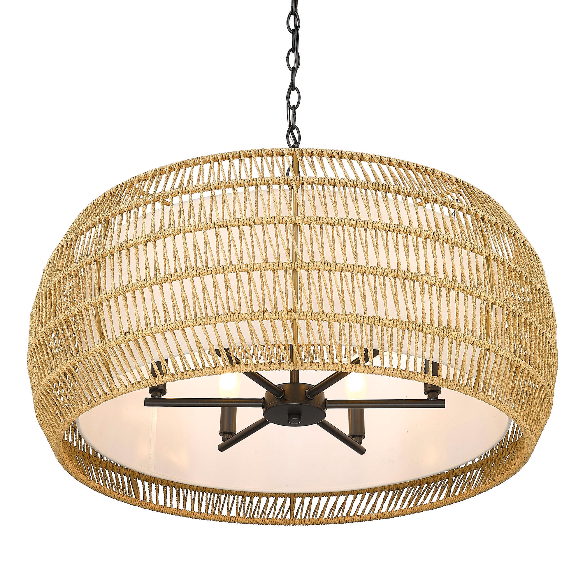 Natural Rattan and Black Steel 6-Light Drum Chandelier