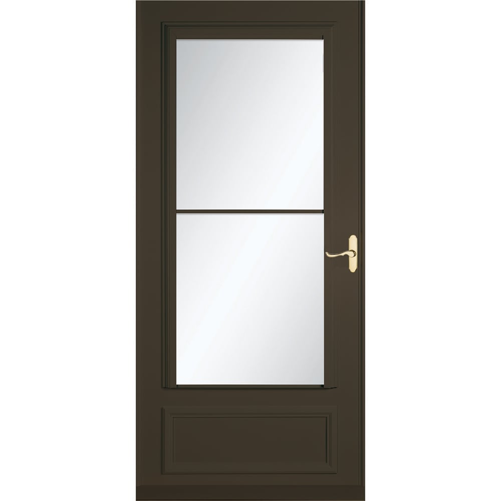 Savannah 32-in x 81-in Brown Mid-view Retractable Screen Wood Core Storm Door with Polished Brass Handle | - LARSON 37080041
