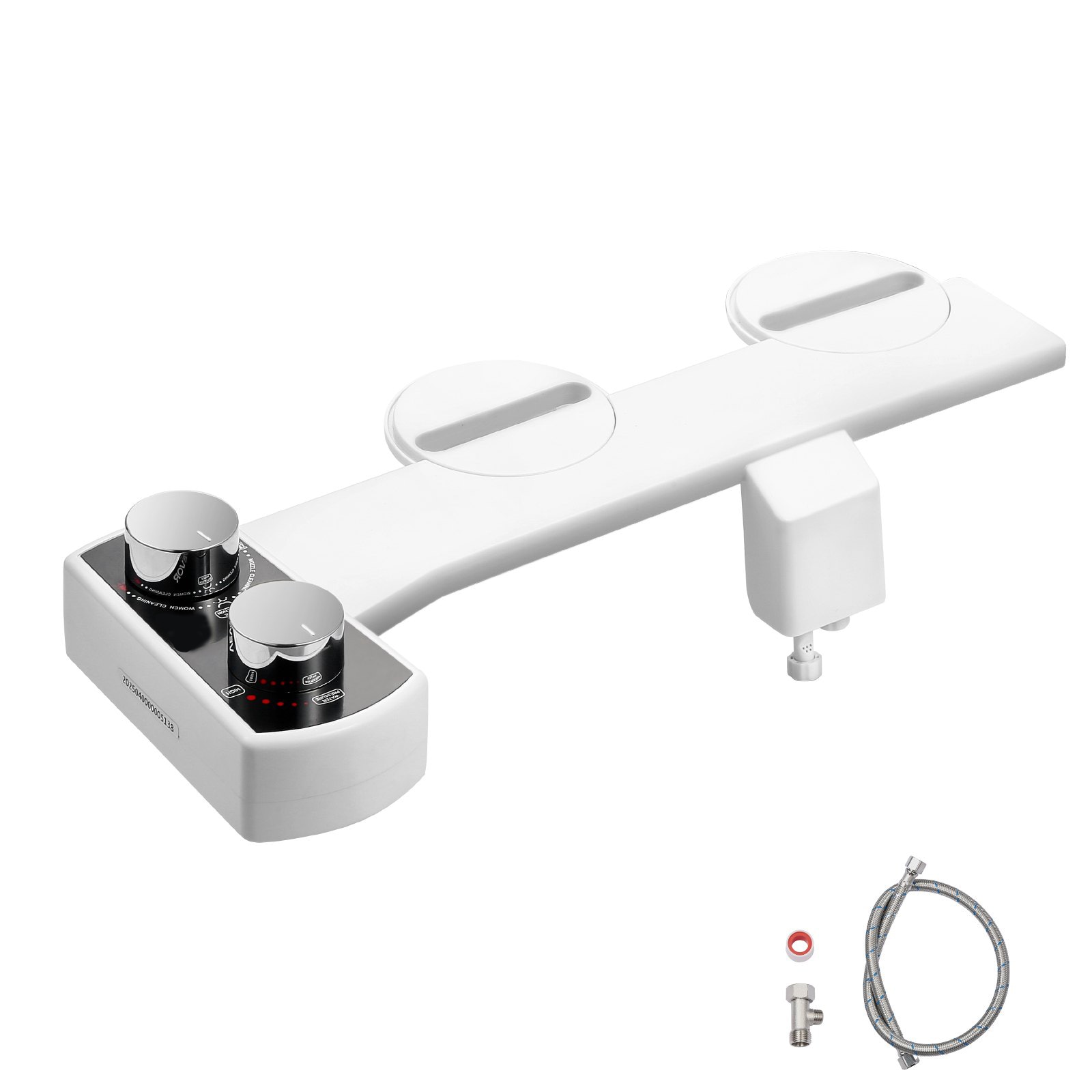 GIVIMO Non-Electric Bidet Attachment for Toilet with Dual Retractable Nozzles for Rear and Feminine Wash Adjustable Water Pressure Knob Cold Water Sprayer 0.35-in Slim ABS Body Brass T-Adapter and Stainless Steel Hose in White for Family Bathroom