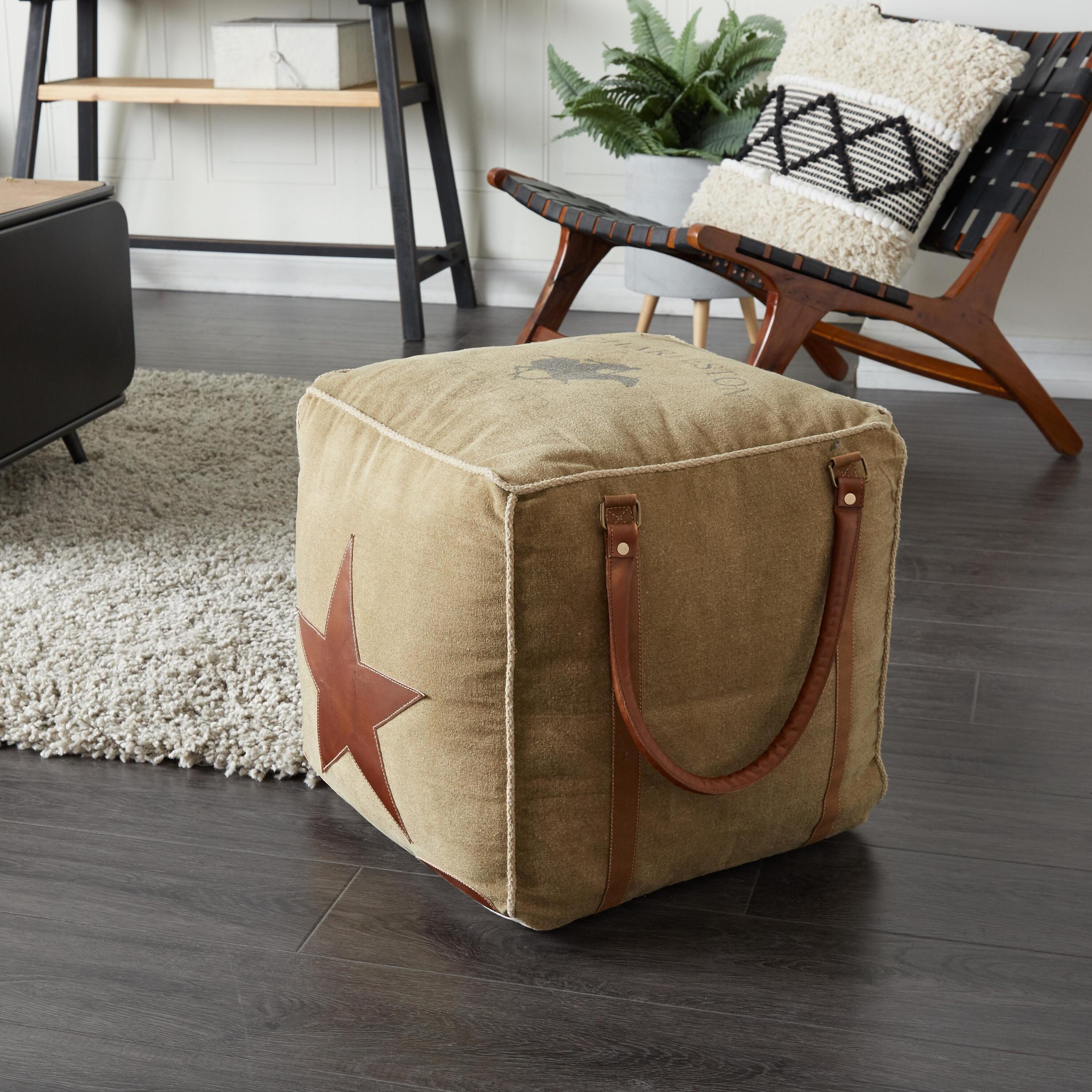 Grayson Lane 88601 Rustic Tan with Leather Handles Canvas Ottoman