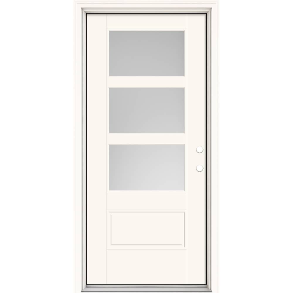 Masonite 630549 Performance Door System 36-in x 80-in x 4-9/16-in Fiberglass 3/4 lite Left-hand inswing Modern White Painted Prehung Front Door with Brickmould Insulating core with Grilles
