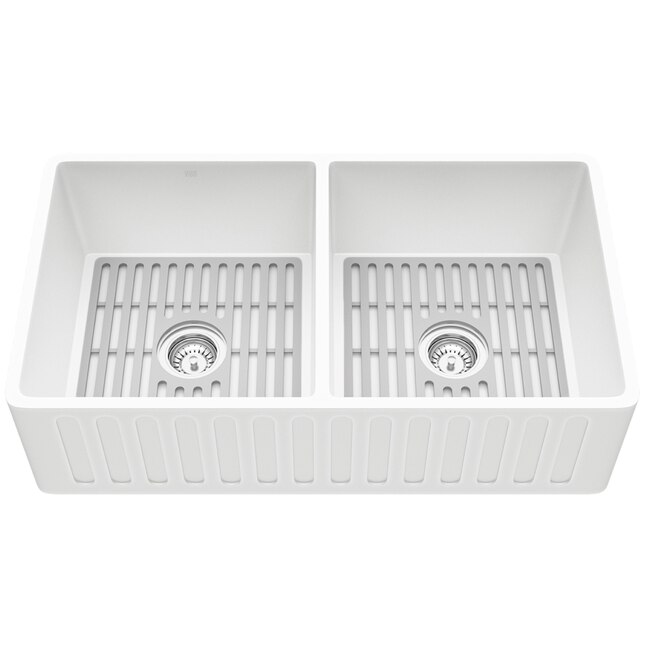 VIGO Matte Stone x 18-in Matte White Double Equal Bowl Tall (8-in or Larger) Undermount Apron Front/Farmhouse Commercial/Residential Kitchen Sink VIGO Matte Stone x 18-in Matte White Double Equal Bowl Tall (8-in or Larger) Undermount Apron Front/Farmhouse Commercial/Residential Kitchen Sink
