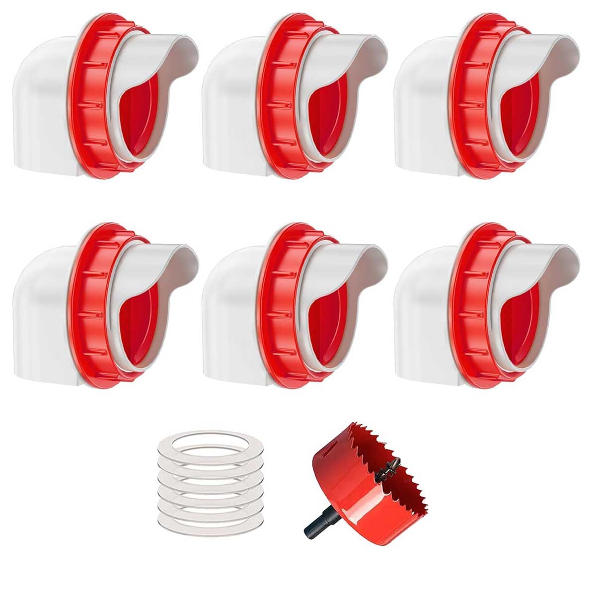 Aoibox LABZB0826045 DIY Automatic Poultry Feeder 6 Ports 1 Hole Saw with Covers Gravity Feed Kit for Buckets Barrels Bins Troughs No Waste Design