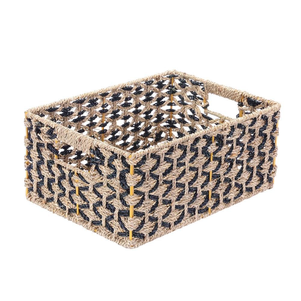 Handmade wicker storage basket with lid and turquoise wood decor Rectangular basket