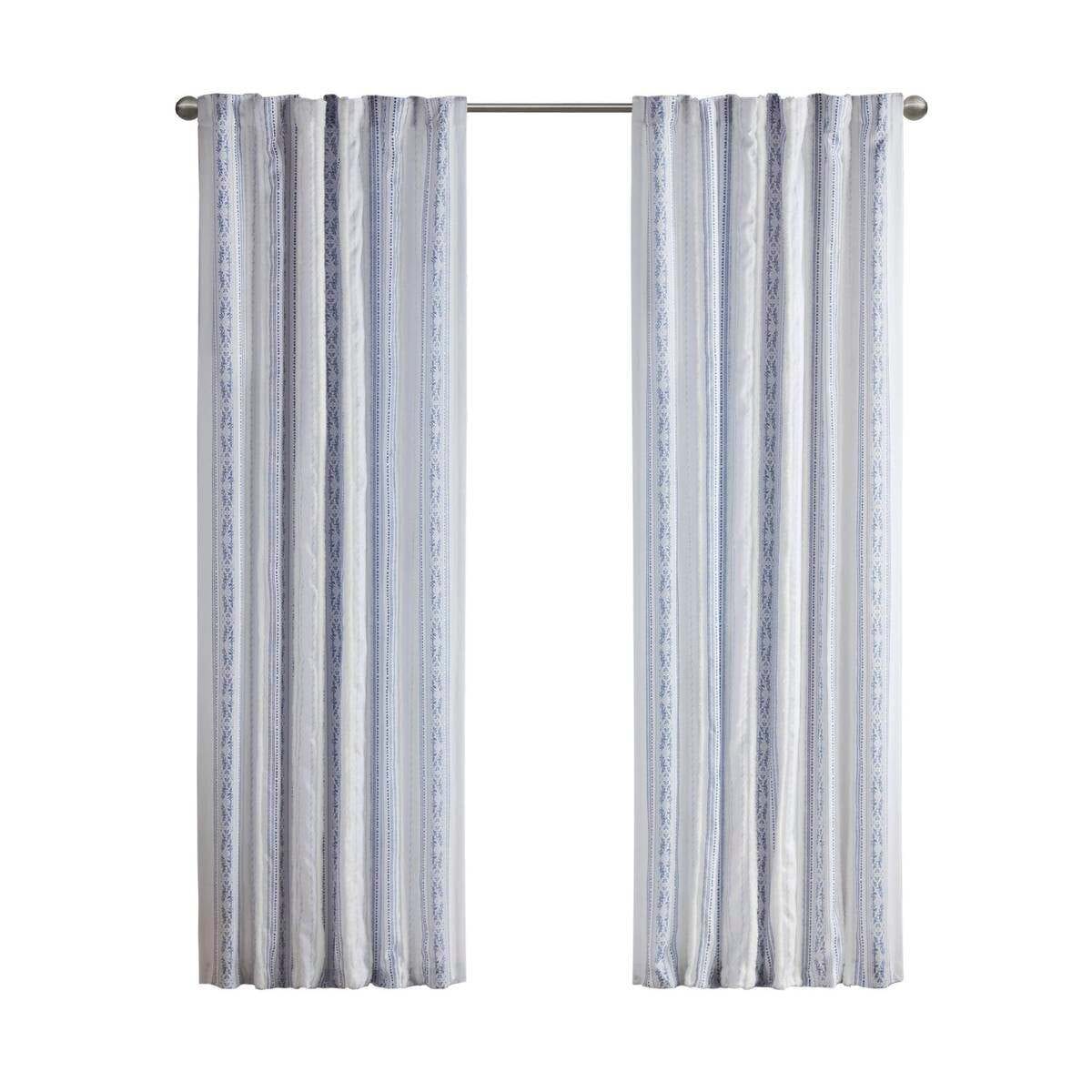Vynxaria LESX0106-DJCL-CP0025 50x95inch Poly Printed Curtain Panel with Tufted Stripe and Lining WhiteNavySingle Panel