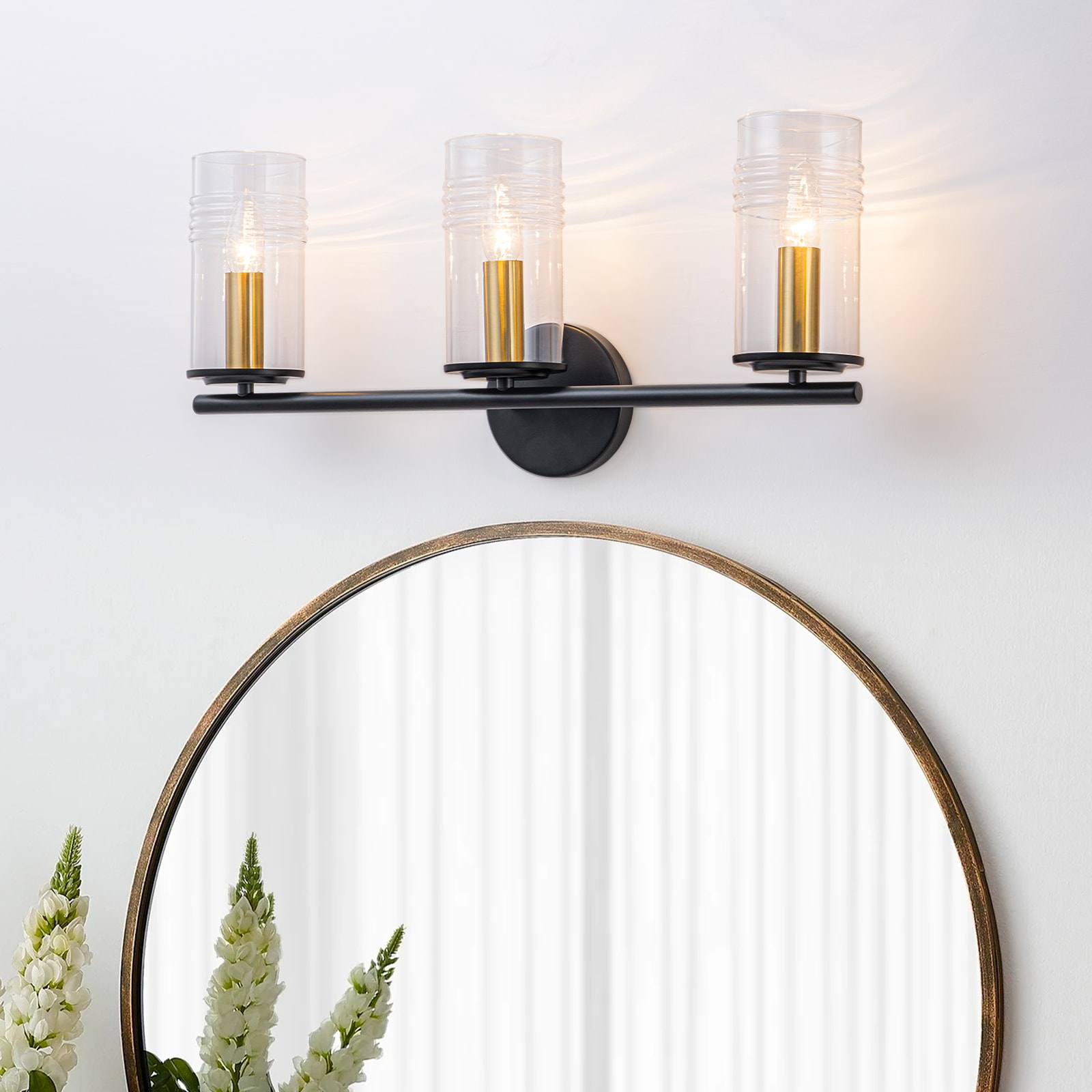 MENCOLULU - Clear Cylindrical Glass Shades Wall Lighting 22.05-in 3 Light Black Transitional Bath...